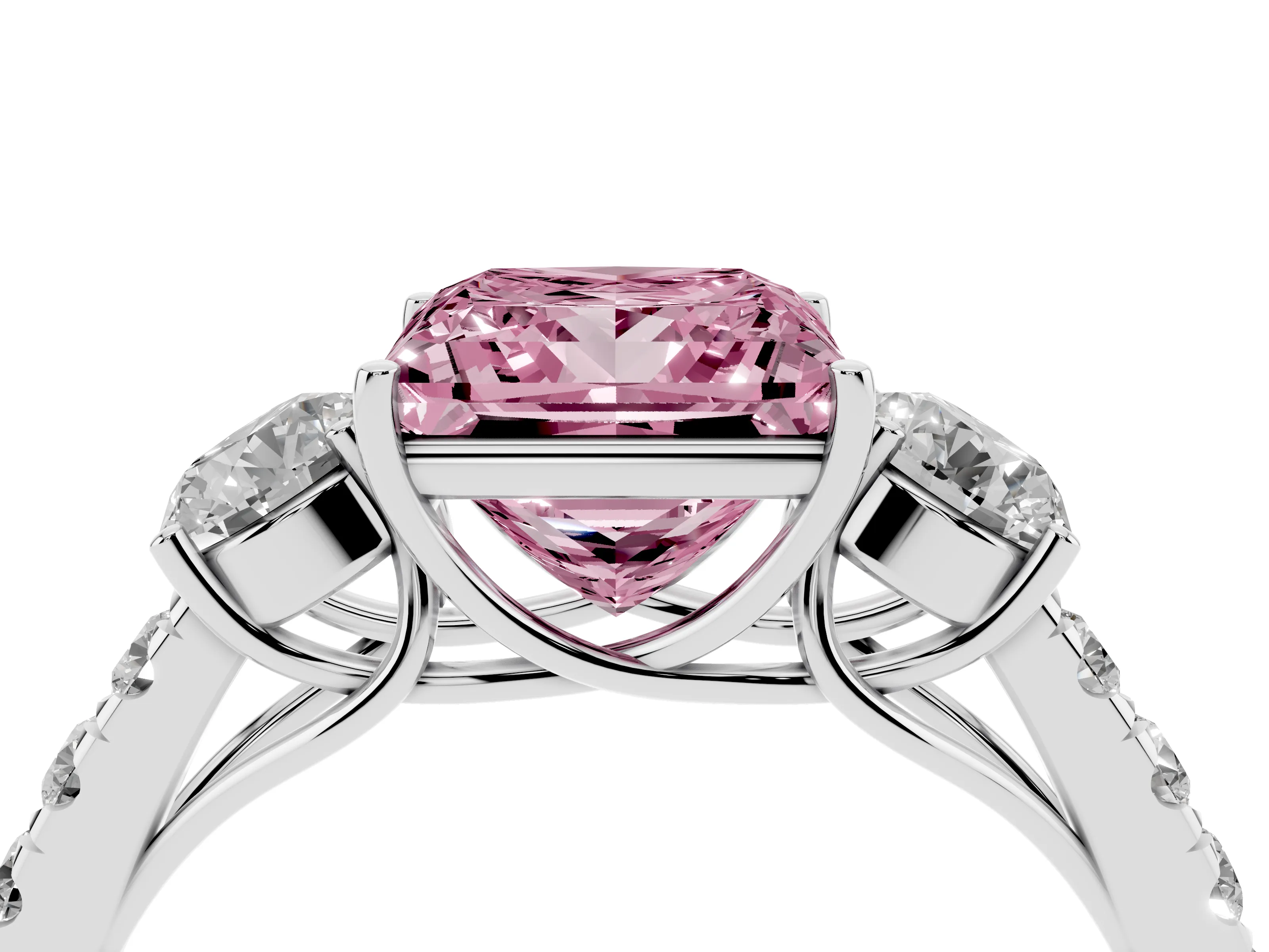 Fancy Pink Princess Cut Diamond Three-Stone Ring Set in Silver with Round Side Stones and Delicate Pavé Band