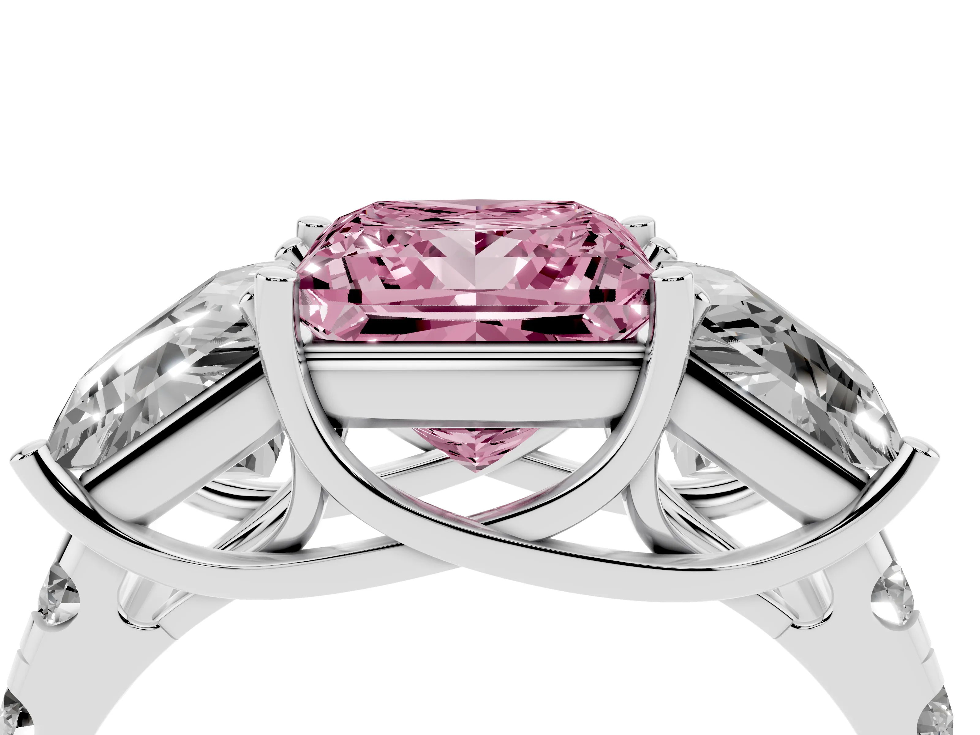 Fancy Pink Princess Cut Diamond Three-Stone Ring Set in Silver with Pavé Band