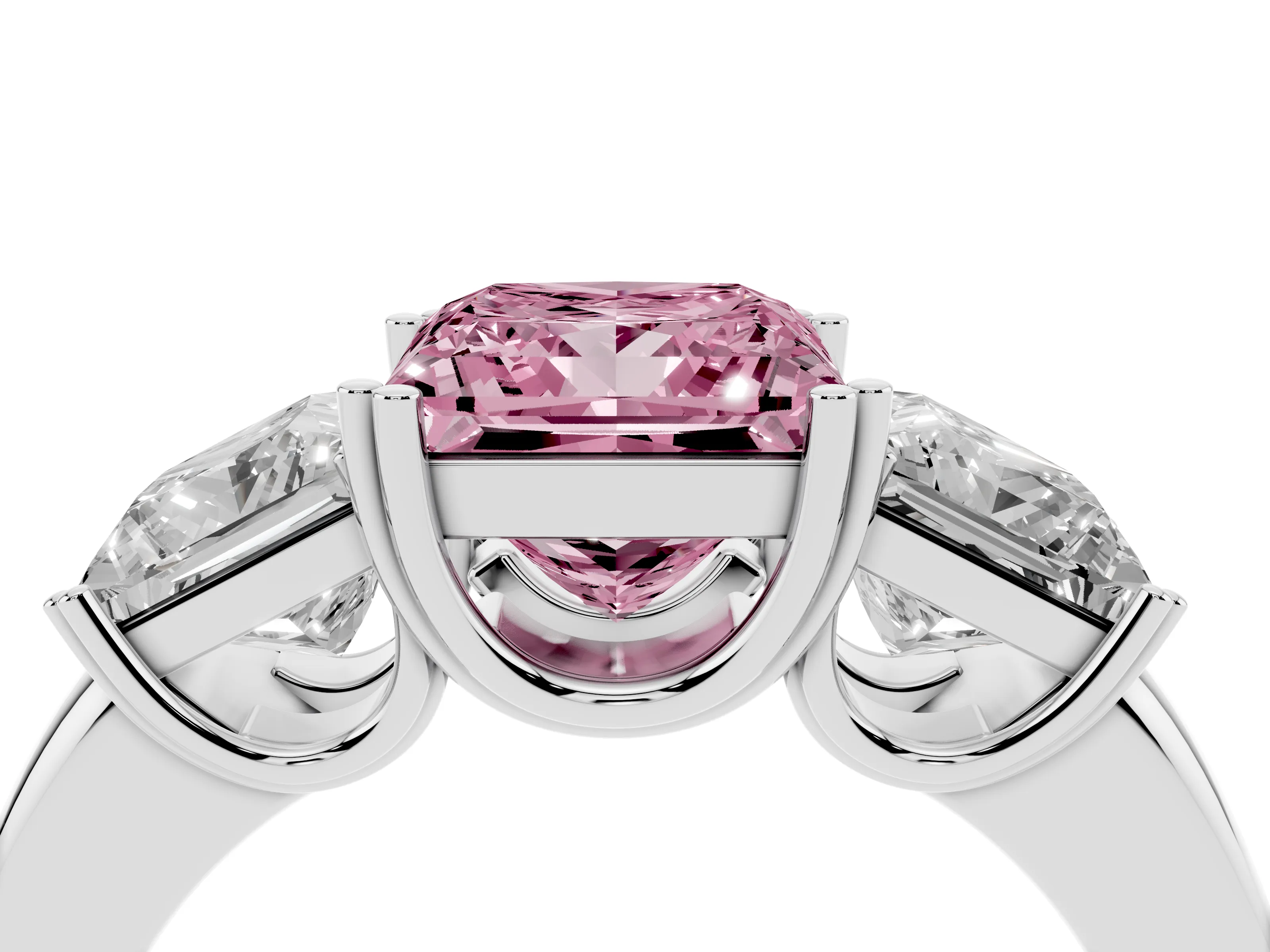 Fancy Pink Princess Cut Diamond Three-Stone Ring Set in Platinum with Polished Channel-Set Band