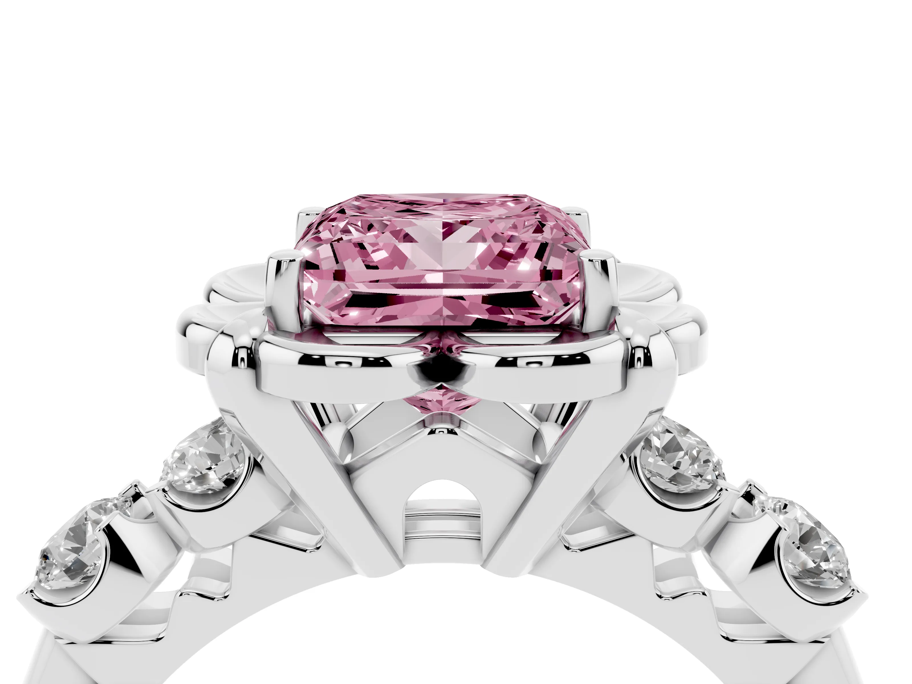 Fancy Pink Princess Cut Diamond Floral Halo Ring Set in Silver with Shared Prong Band