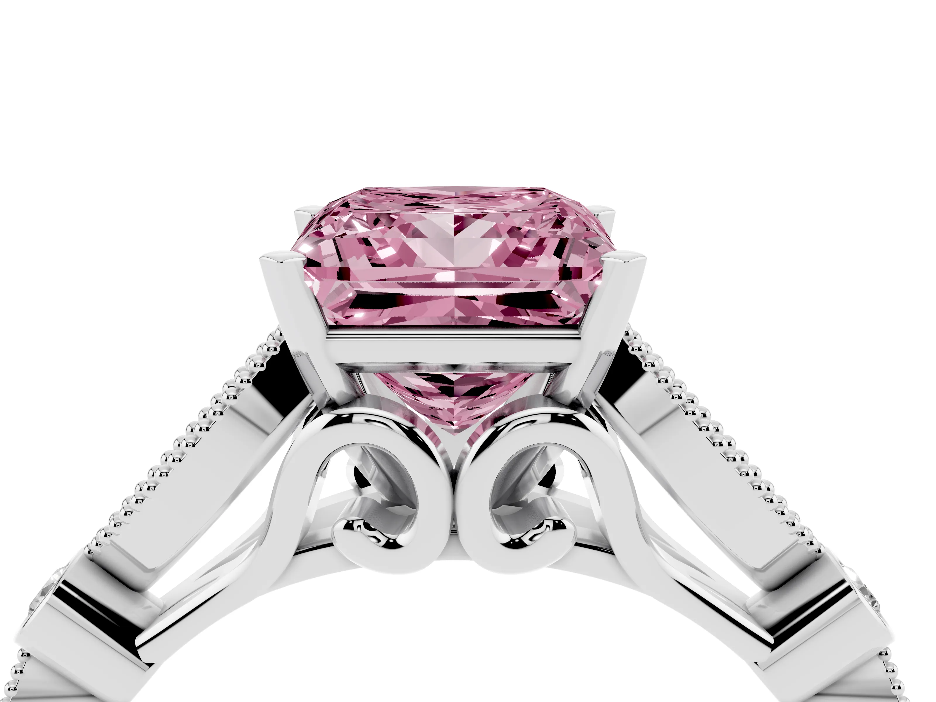 Fancy Pink Princess Cut Diamond Solitaire Ring Set in Platinum with Milgrain Marquise and Bezel Accents