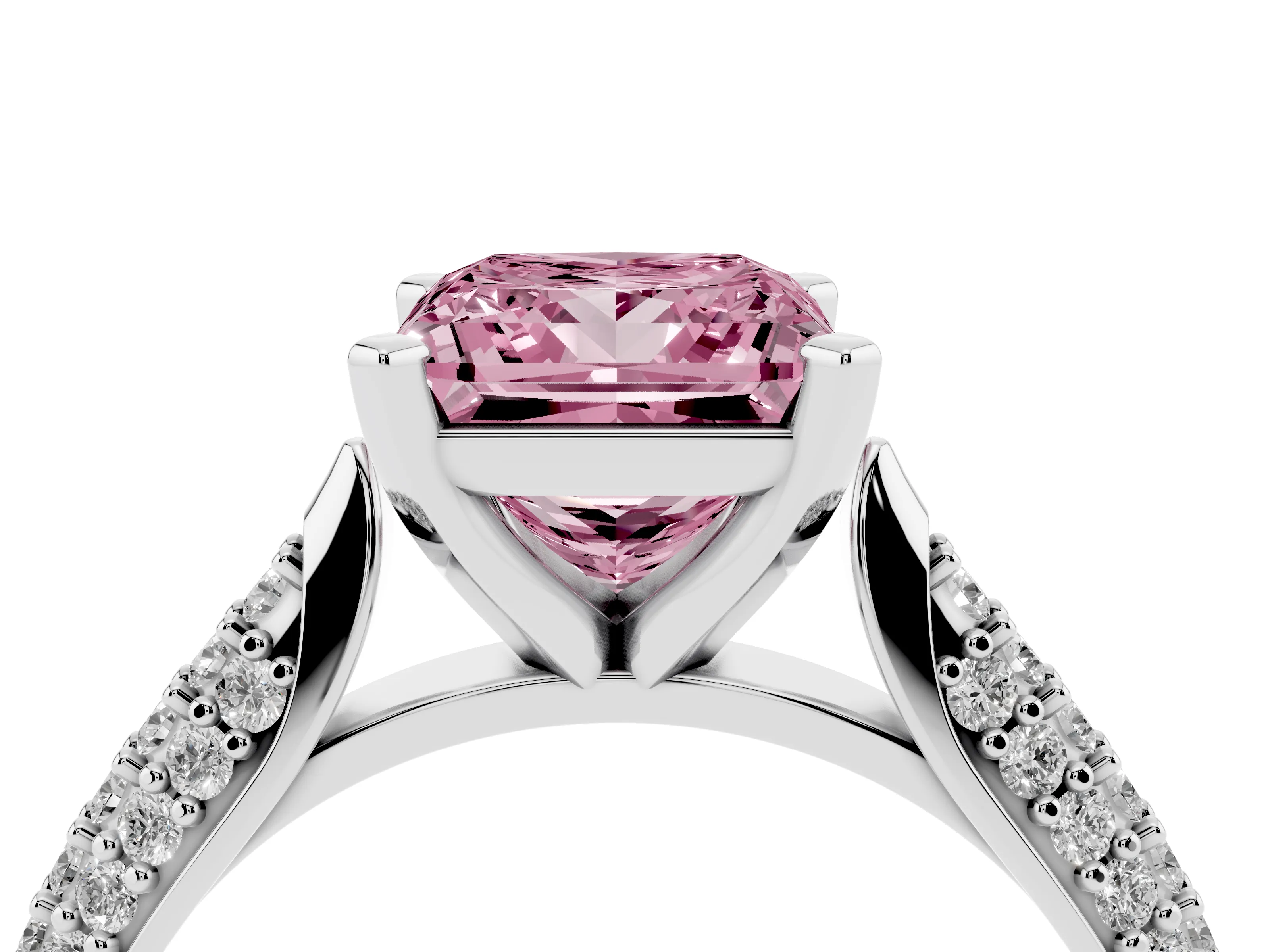 Fancy Pink Princess Cut Diamond Solitaire Engagement Ring Set in Platinum with Multi-Row Round Pavé Band and Prong Setting