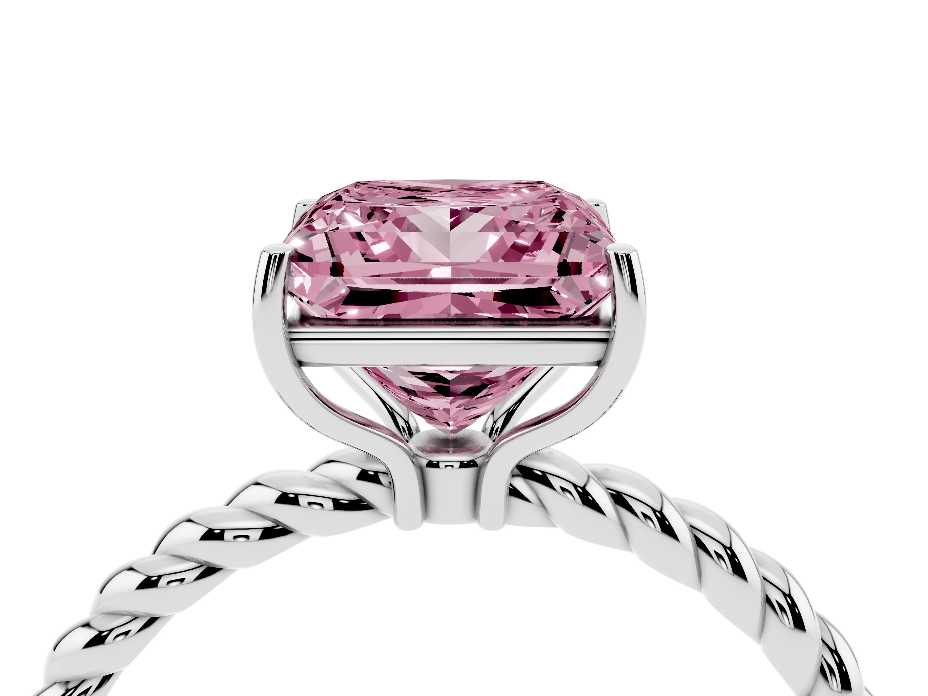 Fancy Pink Princess Cut Diamond Solitaire Ring Set in Platinum with Twist Band and Prong Setting