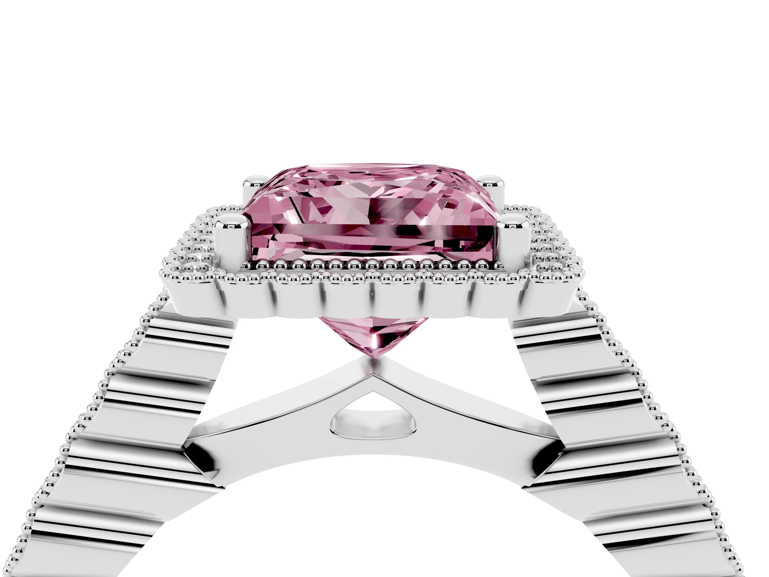 Fancy Pink Princess Cut Diamond Halo Ring Set in White gold with Pavé Milgrain Band