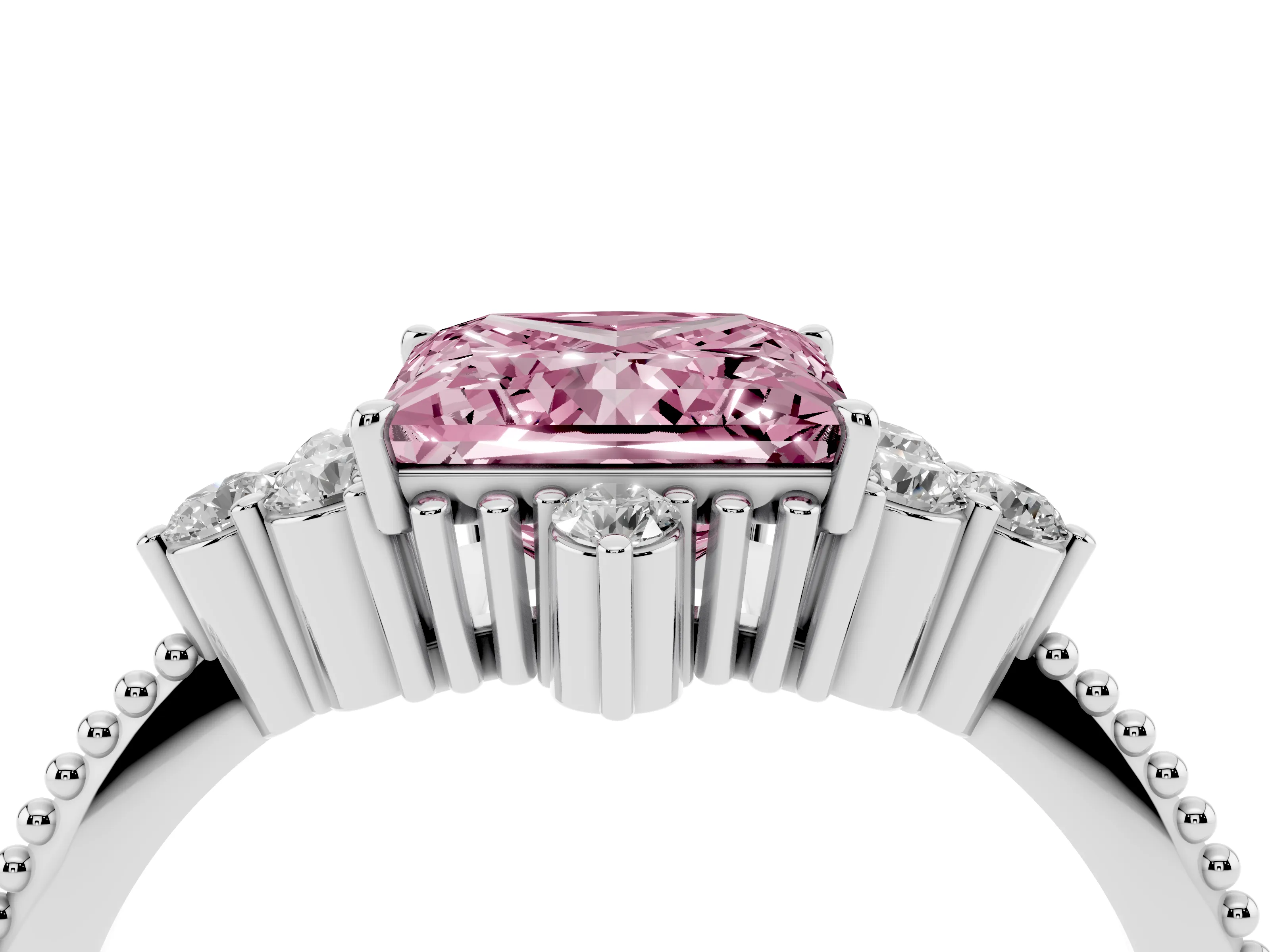 Fancy Pink Princess Cut Diamond Cluster Ring Set in Silver with Beaded Band