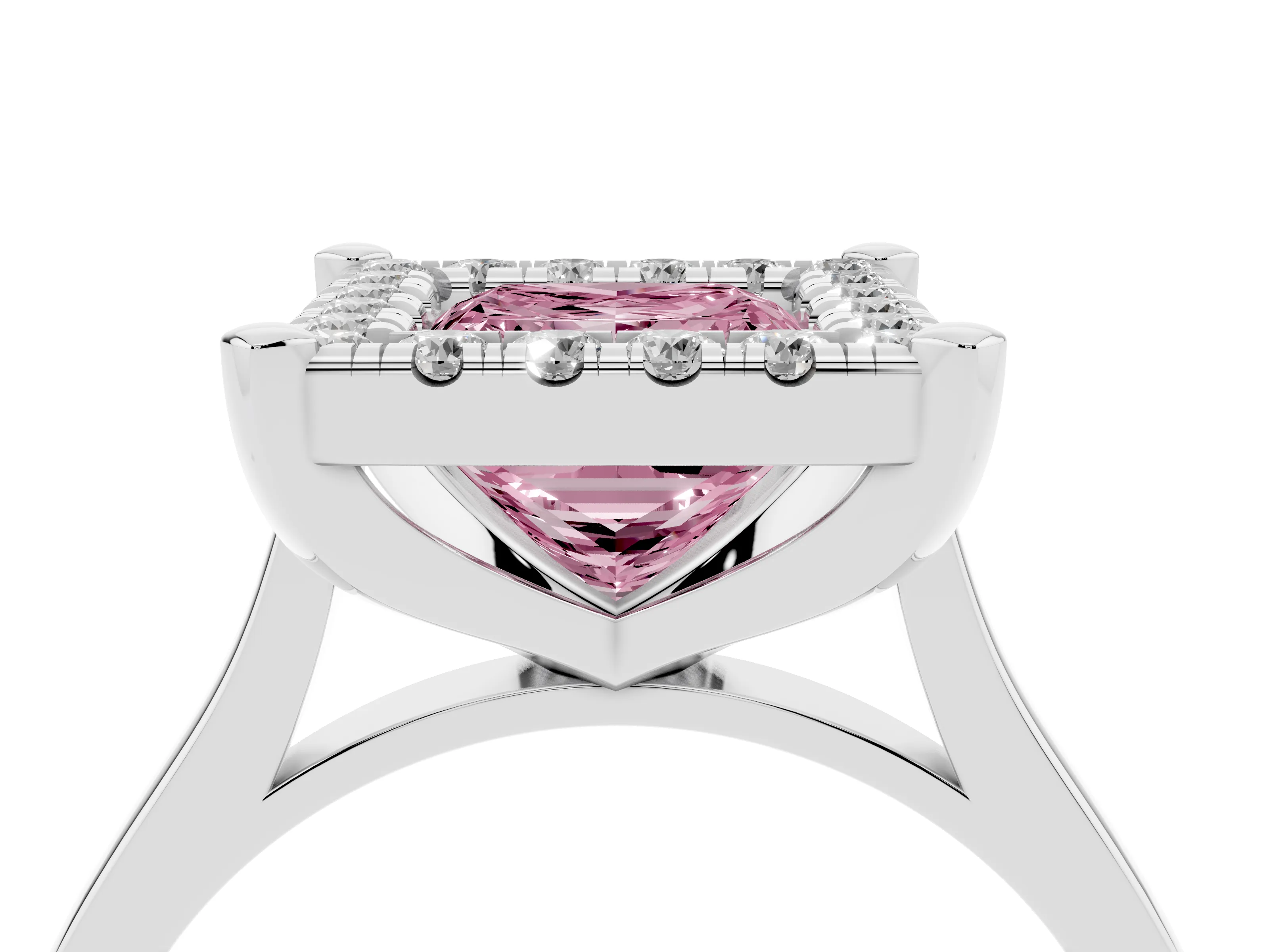 Fancy Pink Princess Cut Diamond Cluster Halo Solitaire Ring Set in Platinum with Prong Setting