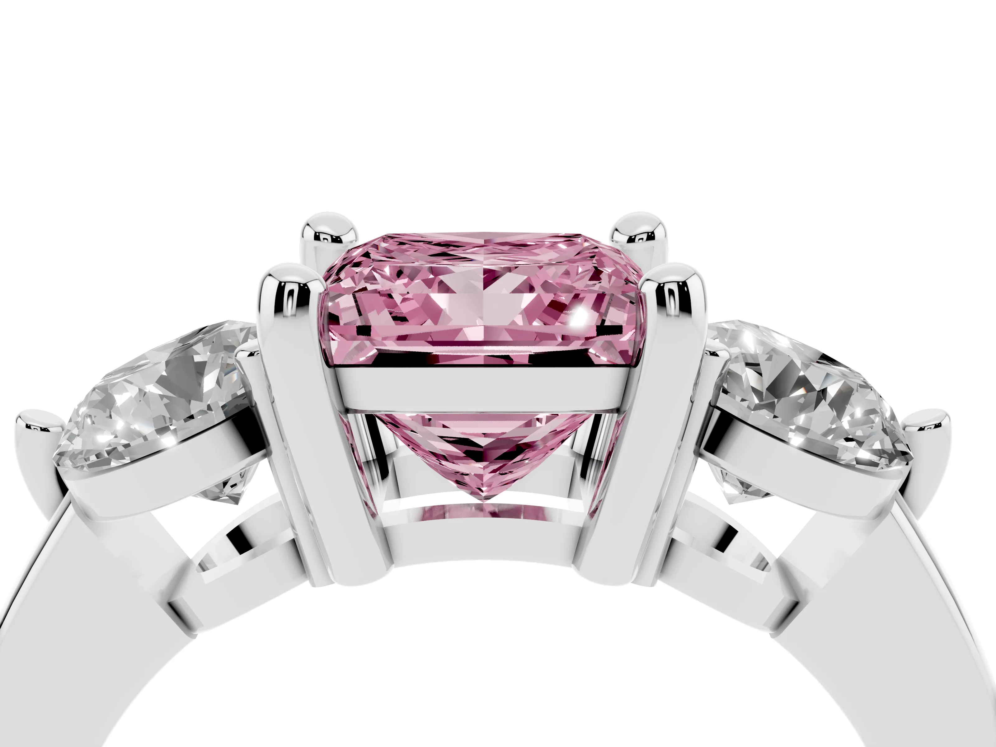 Fancy Pink Princess Cut Diamond Three-Stone Ring Set in White gold with Prong Setting and Classic Band