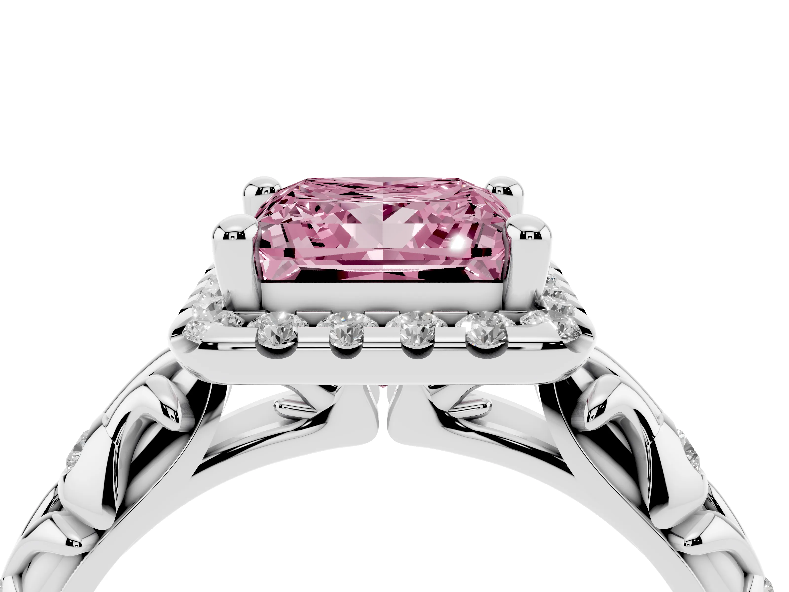 Fancy Pink Princess Cut Diamond Halo Ring Set in Silver with Filigree Leaf Band and Prong Setting