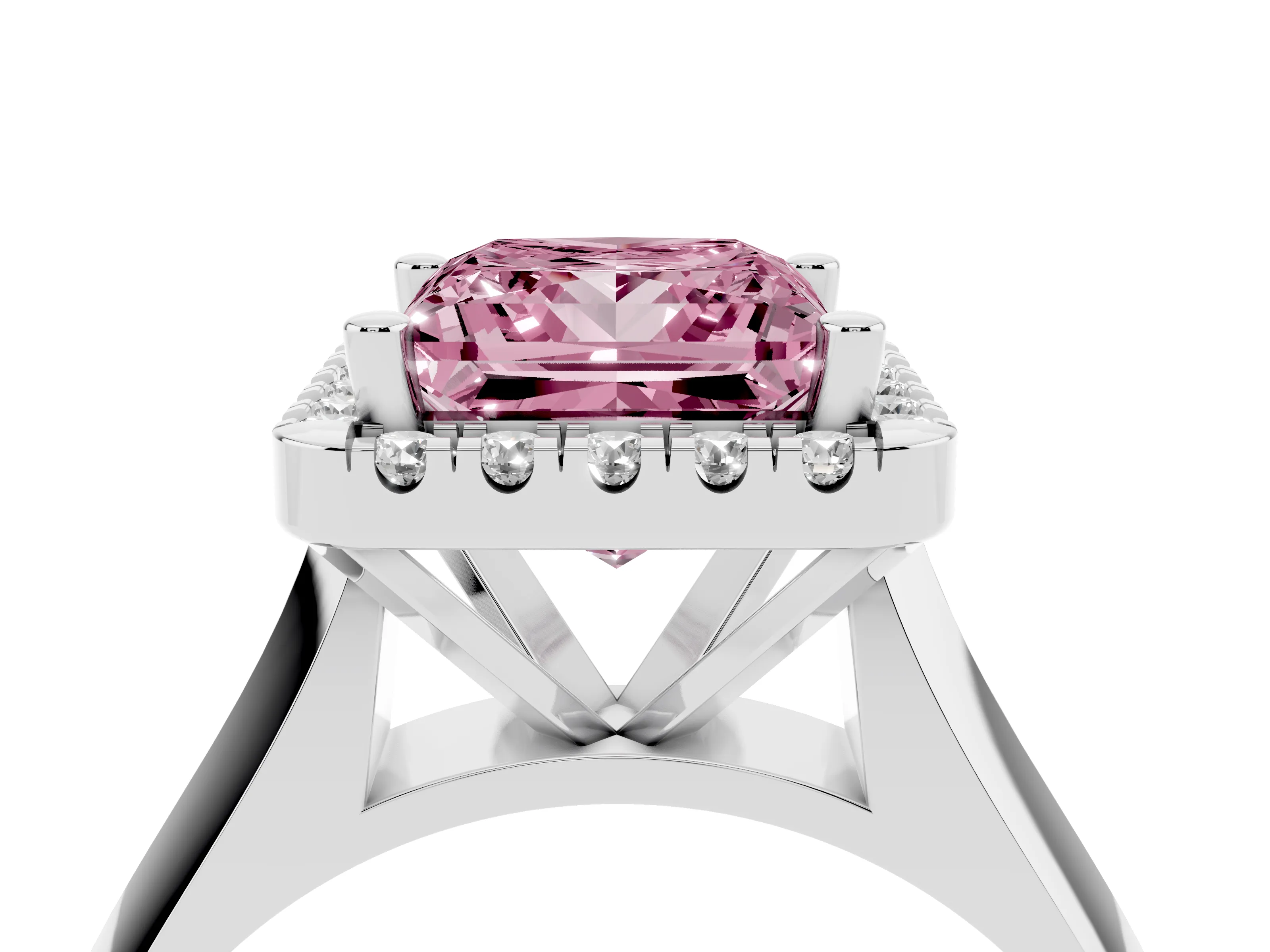 Fancy Pink Princess Cut Diamond Halo Solitaire Engagement Ring Set in White gold with Square Band and Prong Setting