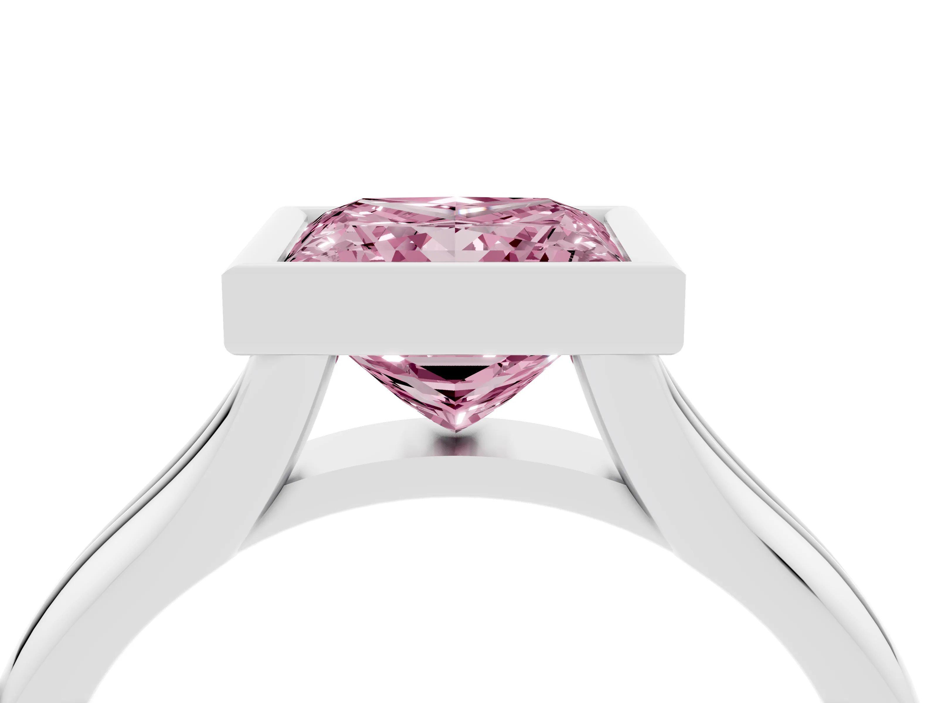 Fancy Pink Bezel Set Princess Cut Diamond Solitaire Ring Set in White gold with Smooth Band