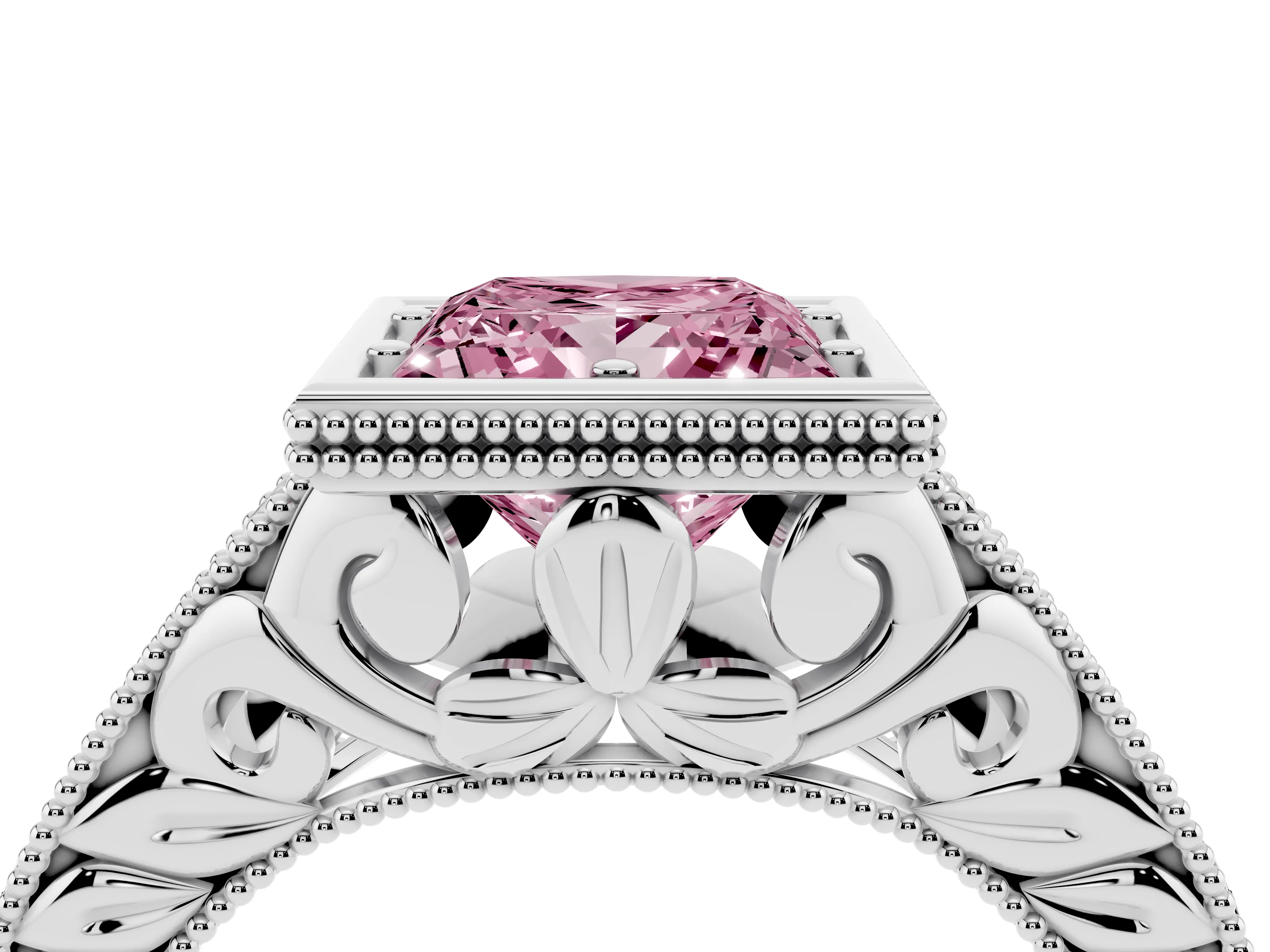 Fancy Pink Bezel Set Princess Cut Diamond Milgrain Pavé Engagement Ring Set in Platinum