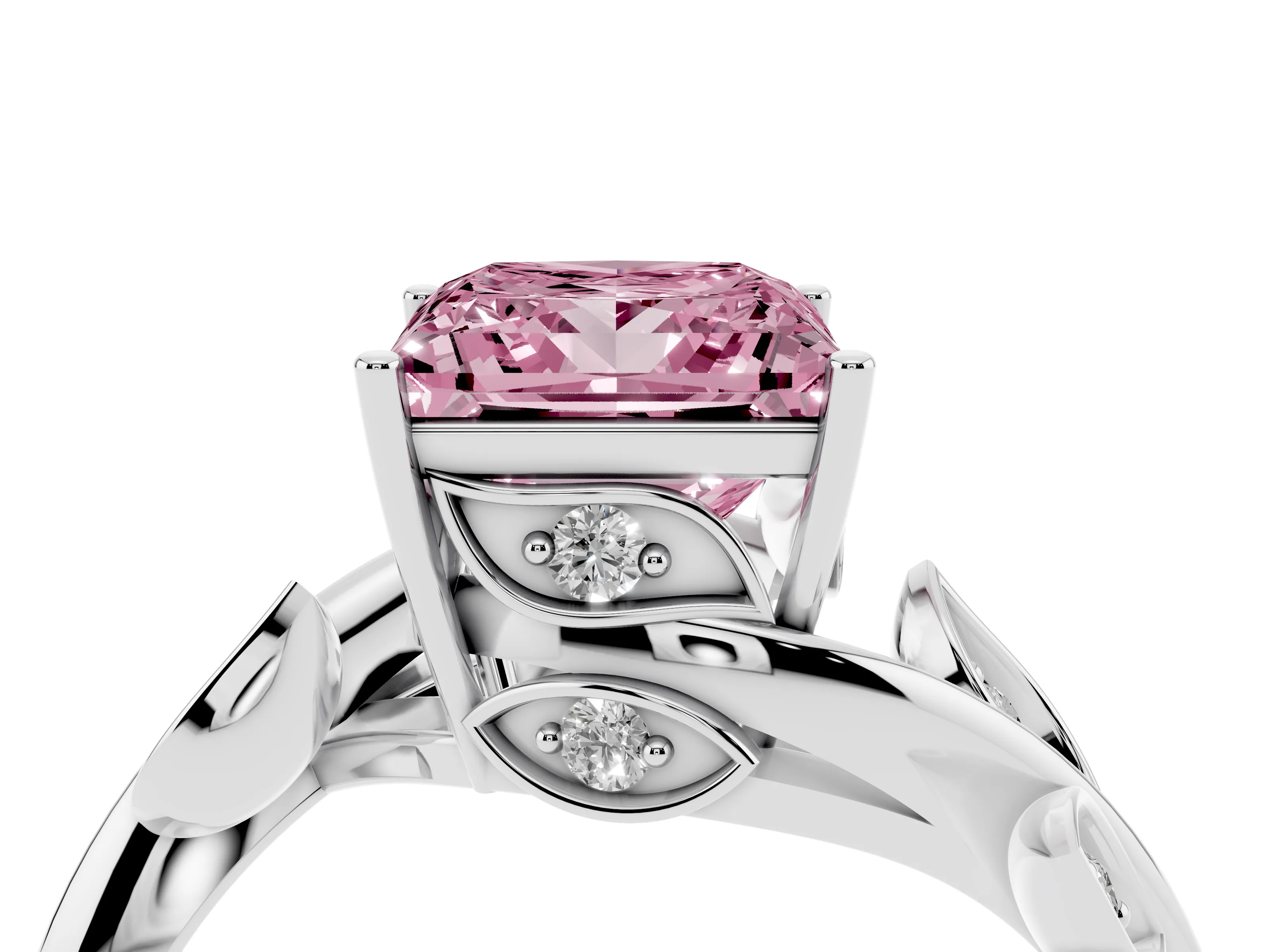 Fancy Pink Princess Cut Diamond Solitaire Twist Engagement Ring Set in White gold with Pavé Leaf Accents