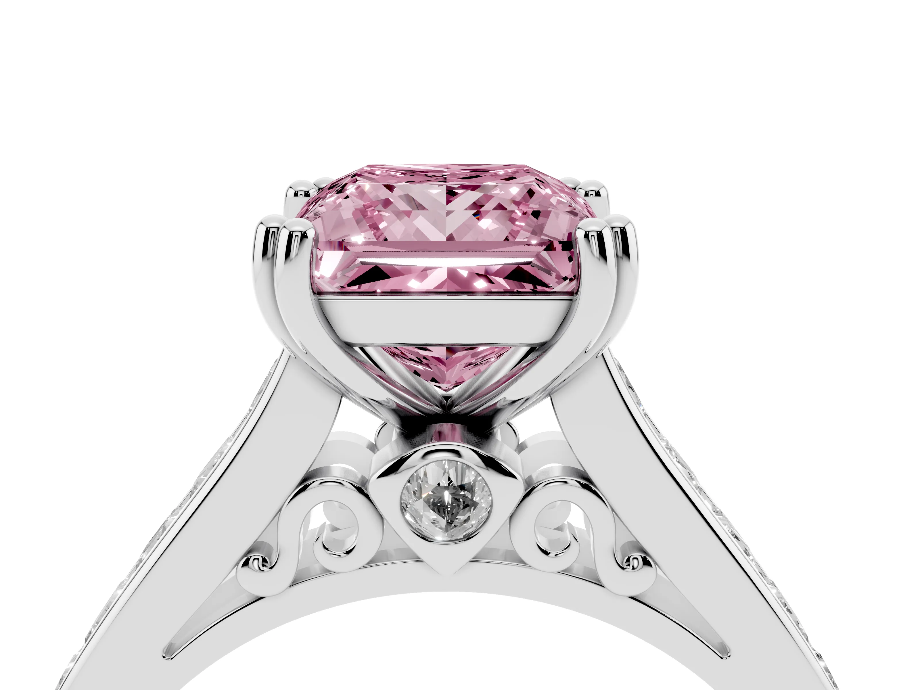 Fancy Pink Princess Cut Diamond Channel Set Solitaire Engagement Ring Set in Silver with Prong Setting