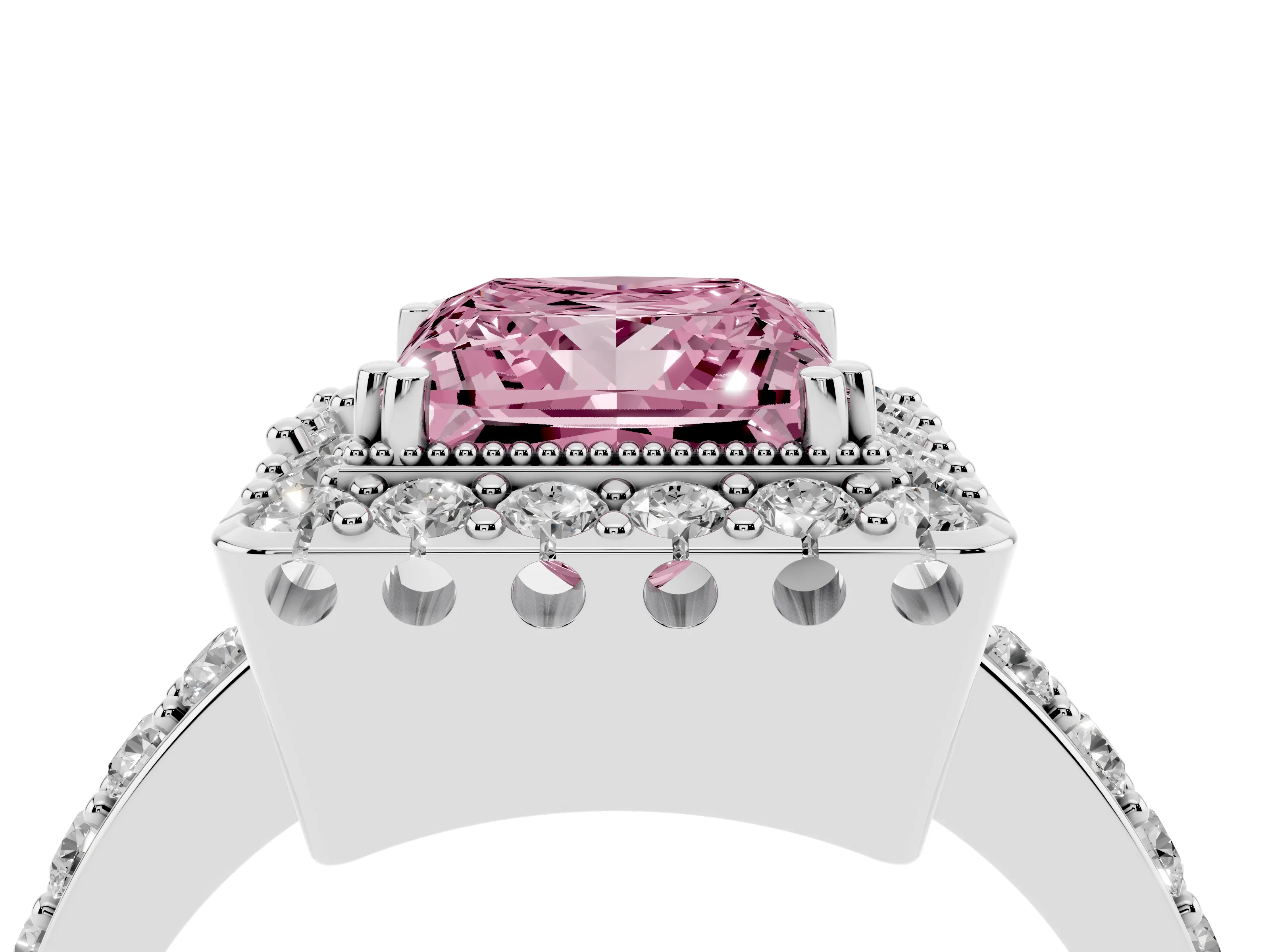 Fancy Pink Princess Cut Diamond Halo Ring Set in Silver with Pavé Shank and Prong Setting