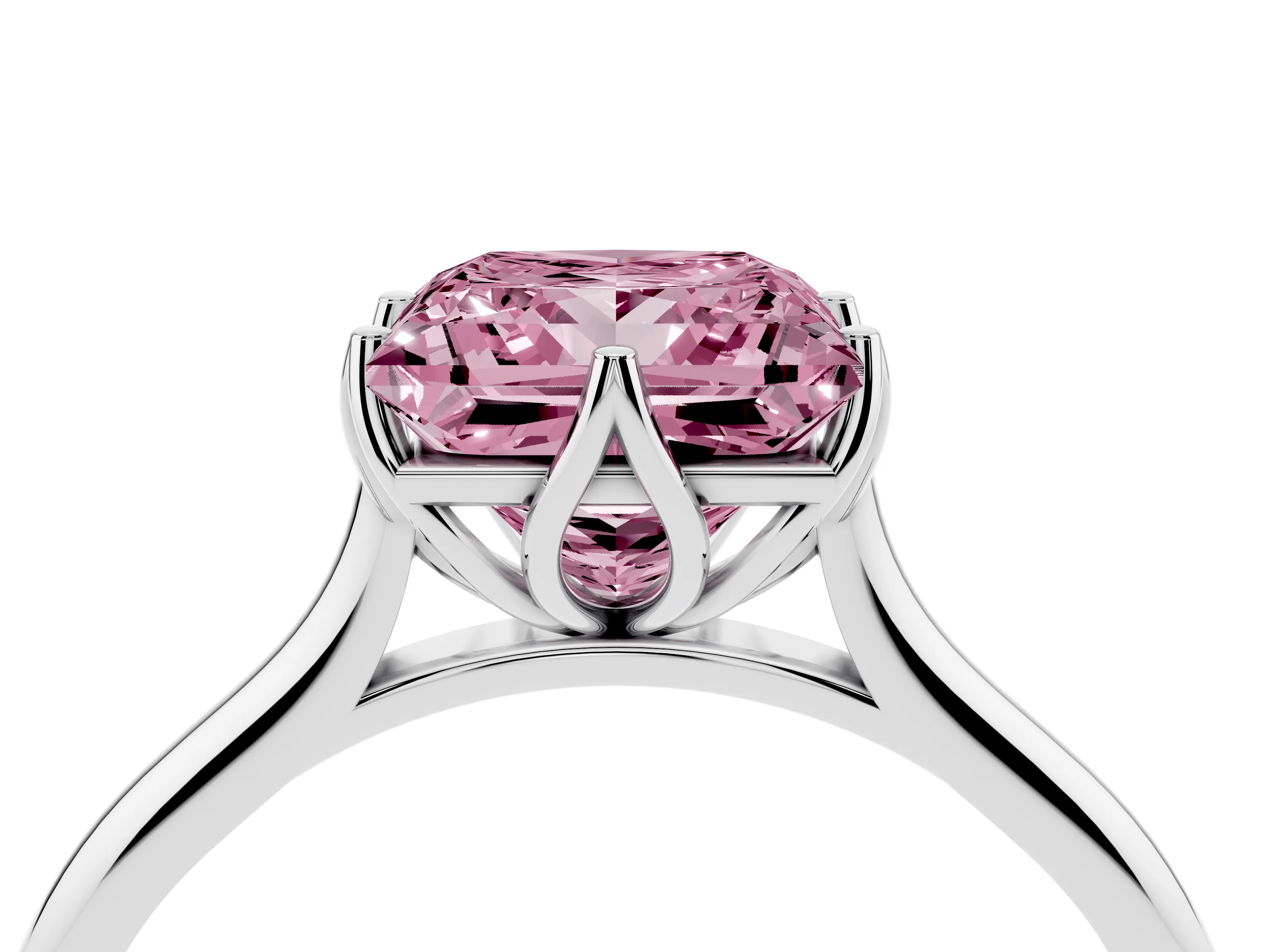 Fancy Pink Princess Cut Diamond Solitaire Cathedral Ring Set in Silver with Prong Setting