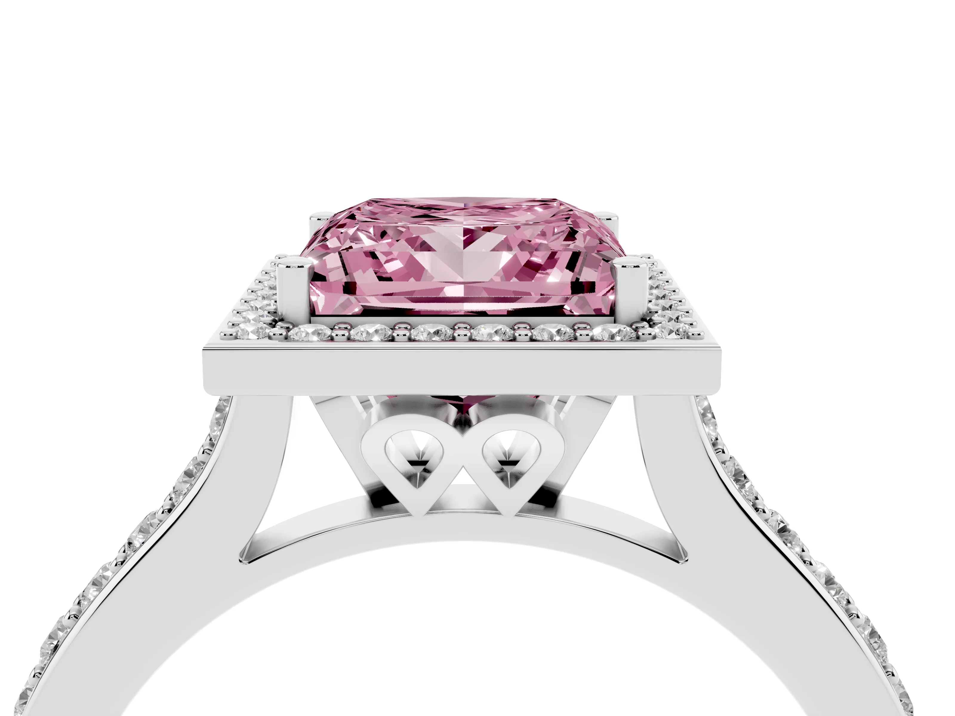Fancy Pink Princess Cut Diamond Halo Engagement Ring Set in White gold with Round Pavé Shoulders and Heart Gallery