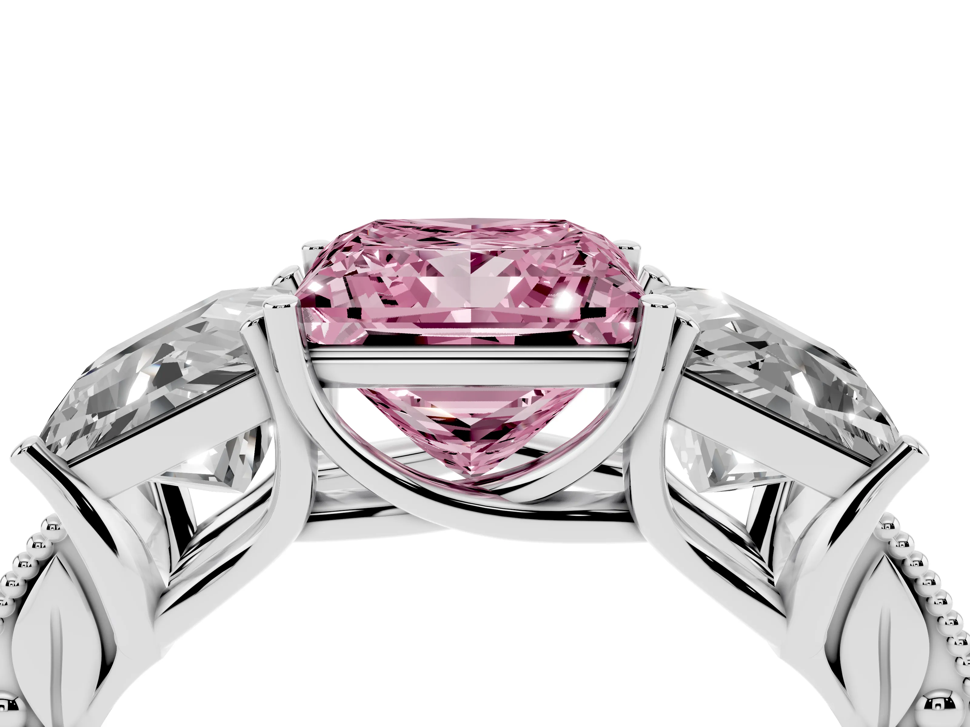 Fancy Pink Princess Cut Diamond Three-Stone Engagement Ring Set in Silver with Milgrain Pavé Band