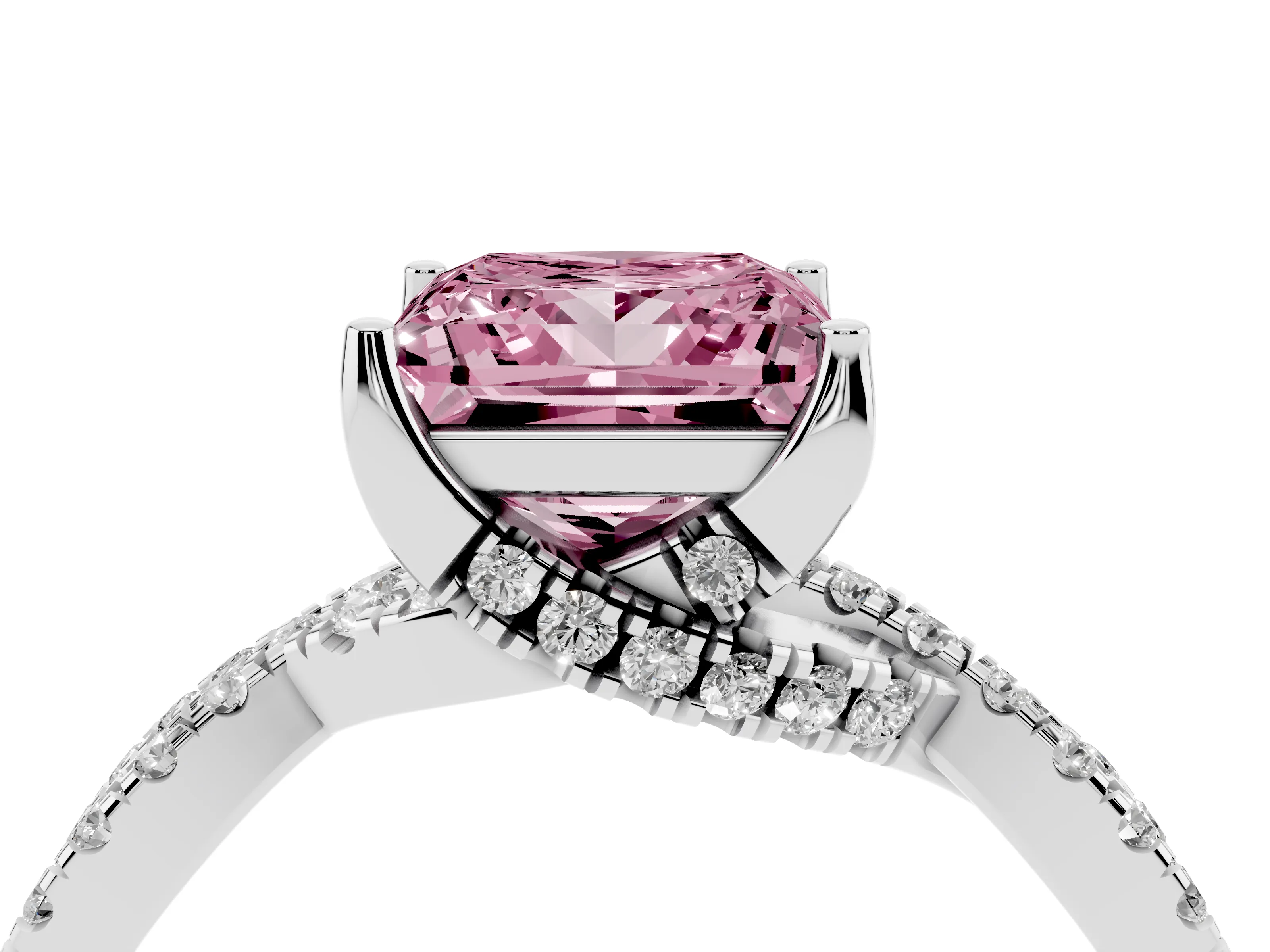 Fancy Pink Princess Cut Diamond Twist Pavé Solitaire Engagement Ring Set in Silver with Prong Setting