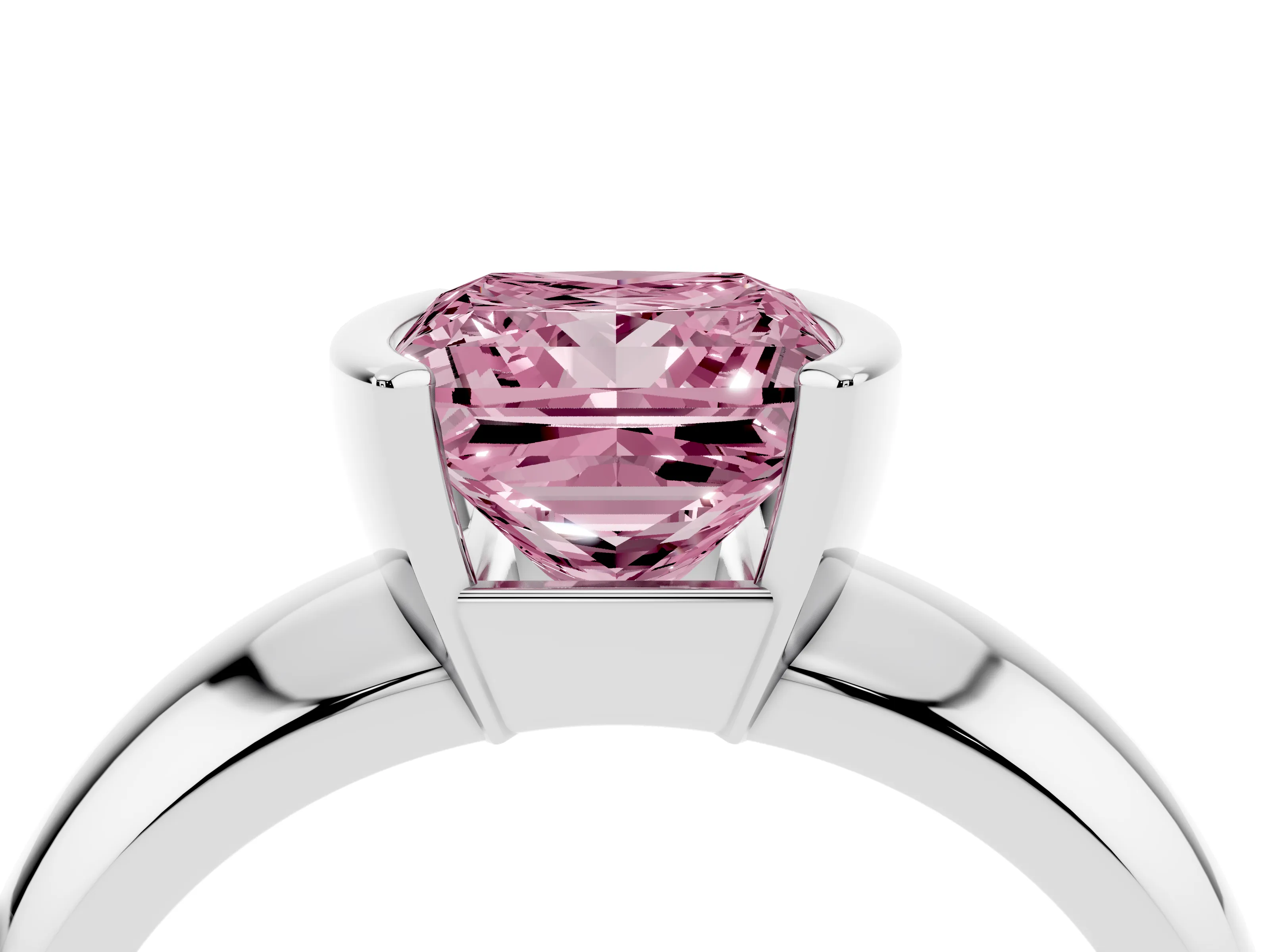 Fancy Pink Princess Cut Diamond Solitaire Tension Set Ring Set in White gold with Wide Band