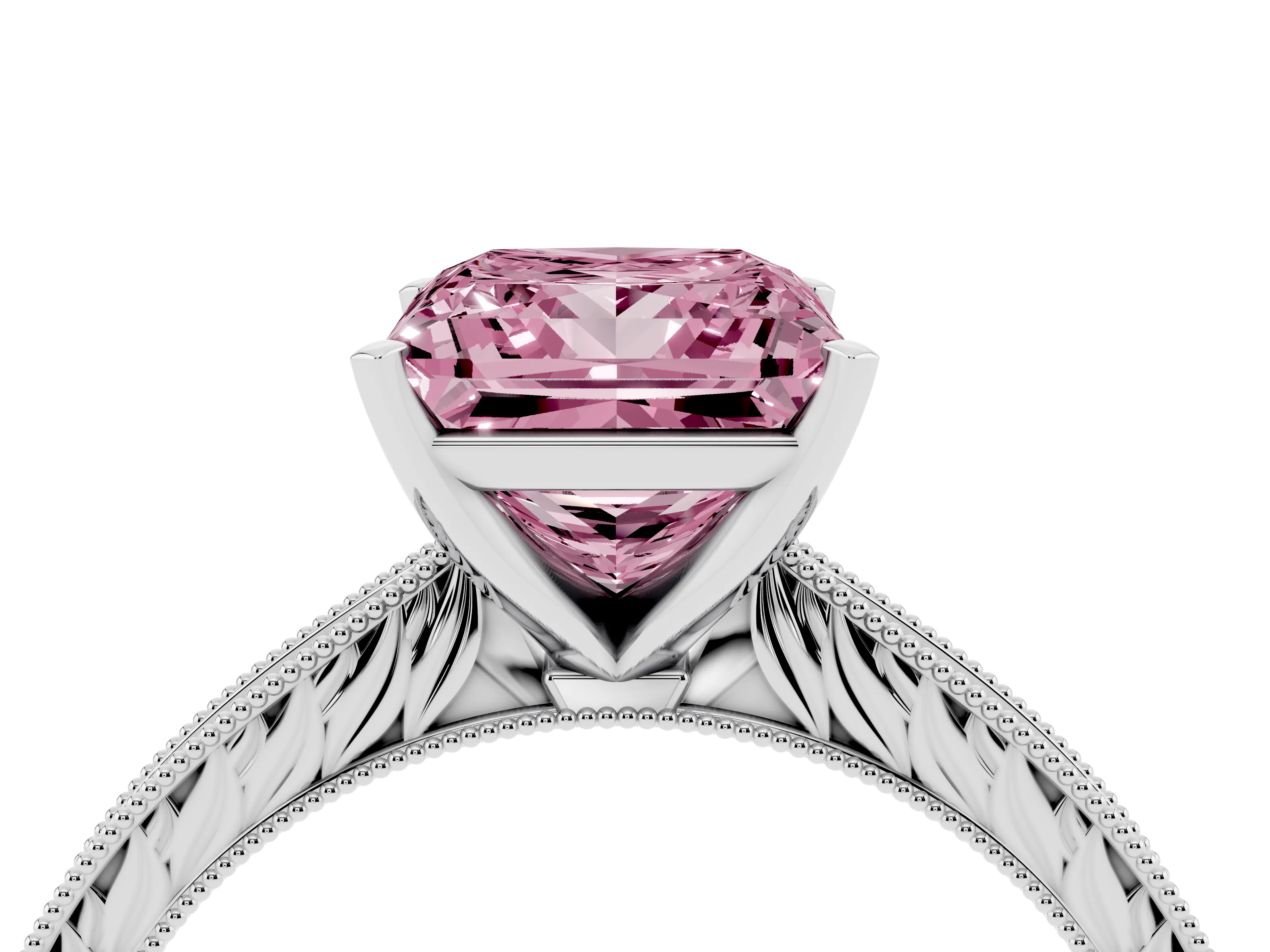 Fancy Pink Princess Cut Diamond Solitaire Milgrain Engraved Band Set in Platinum with Prong Setting