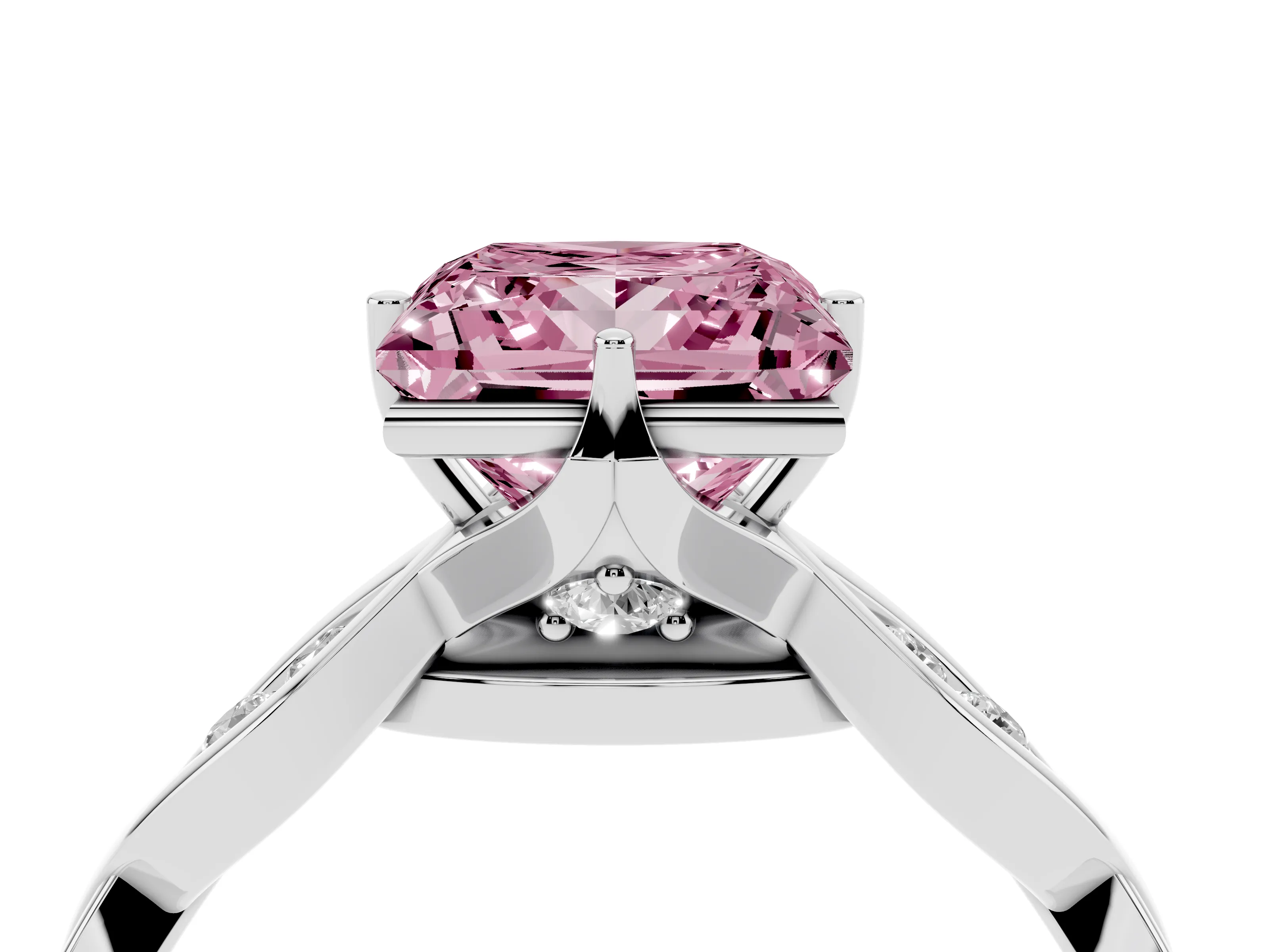 Fancy Pink Princess Cut Diamond Twist Band Solitaire Ring Set in Silver with Leaf Prong Setting and Accent Stones