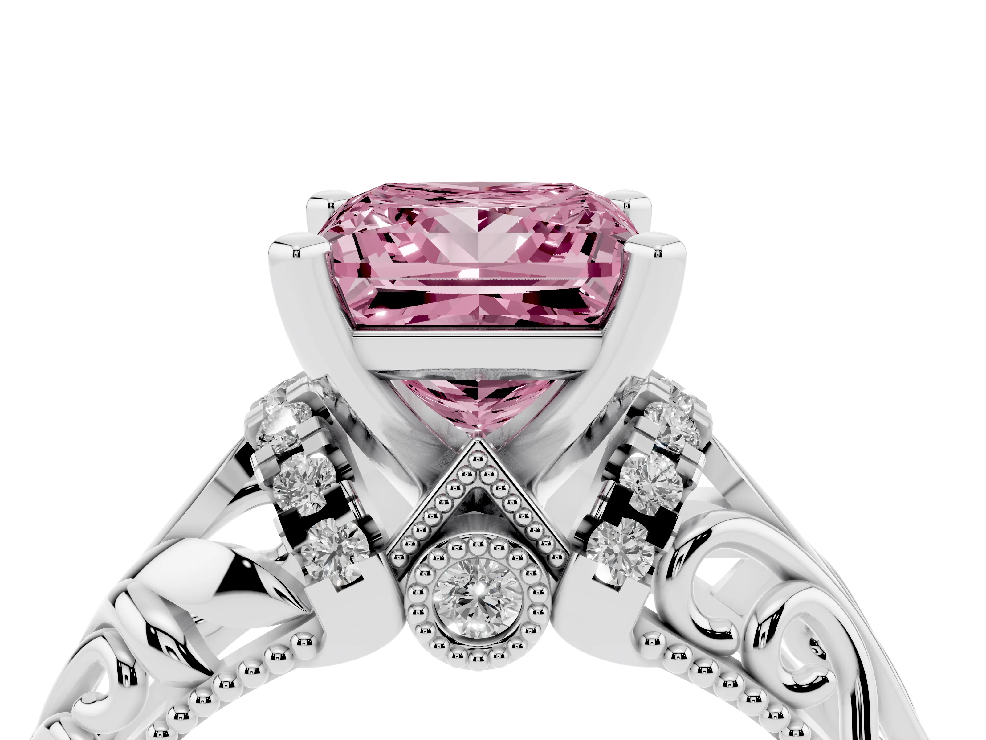 Fancy Pink Princess Cut Diamond Filigree Halo Engagement Ring Set in White gold with Prong Setting