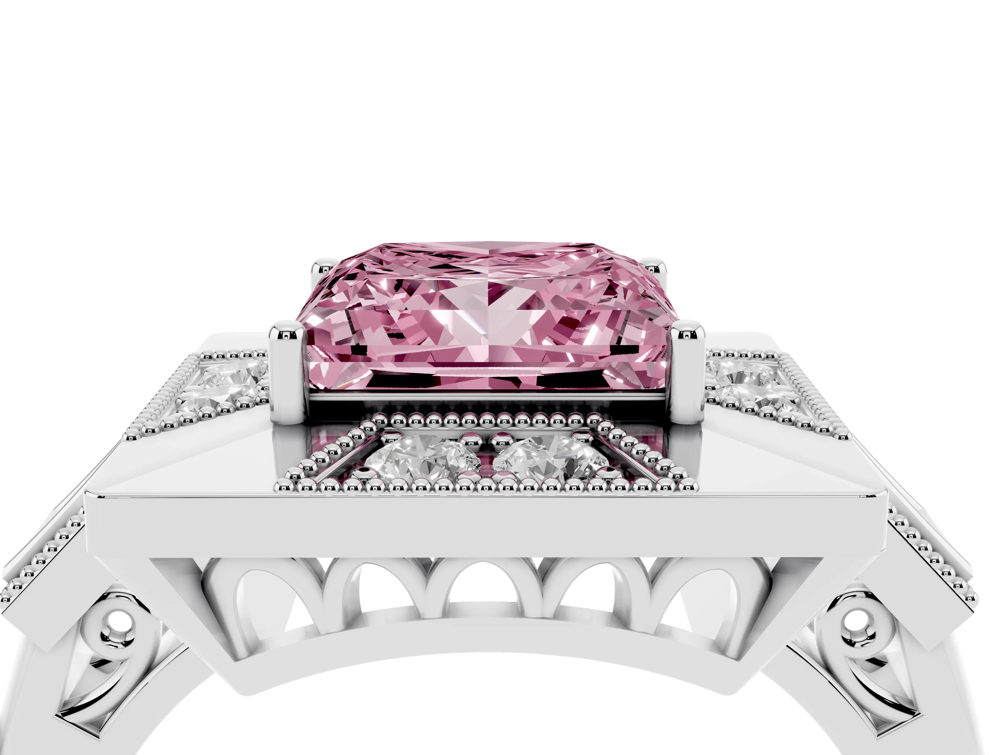Fancy Pink Princess Cut Diamond Milgrain Halo Ring Set in Platinum with Split Shank