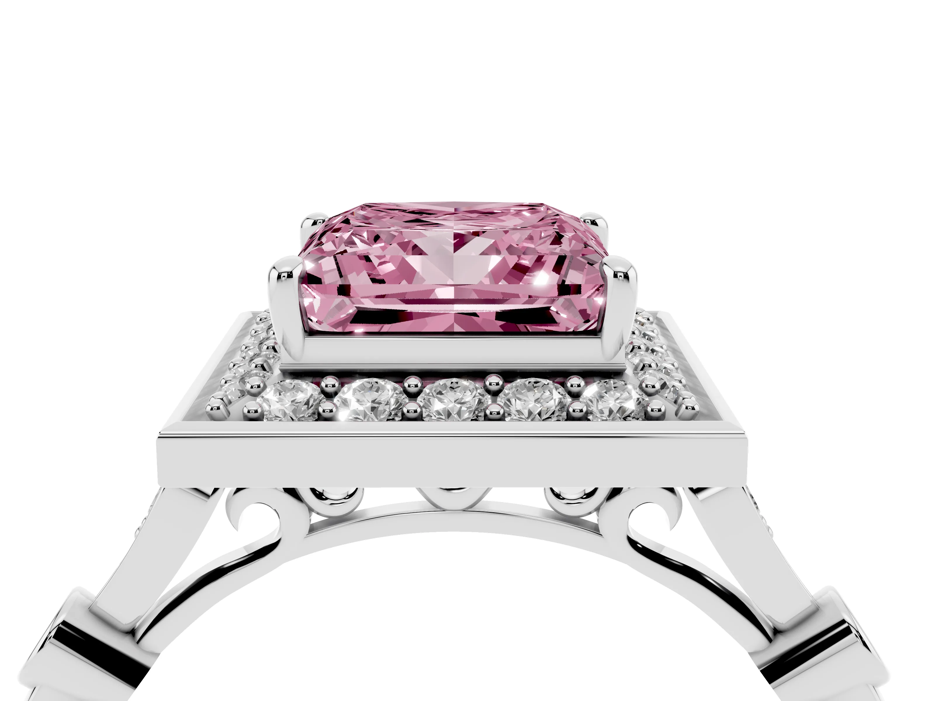 Fancy Pink Princess Cut Diamond Halo Engagement Ring Set in Platinum with Twisted Band and Prong Setting