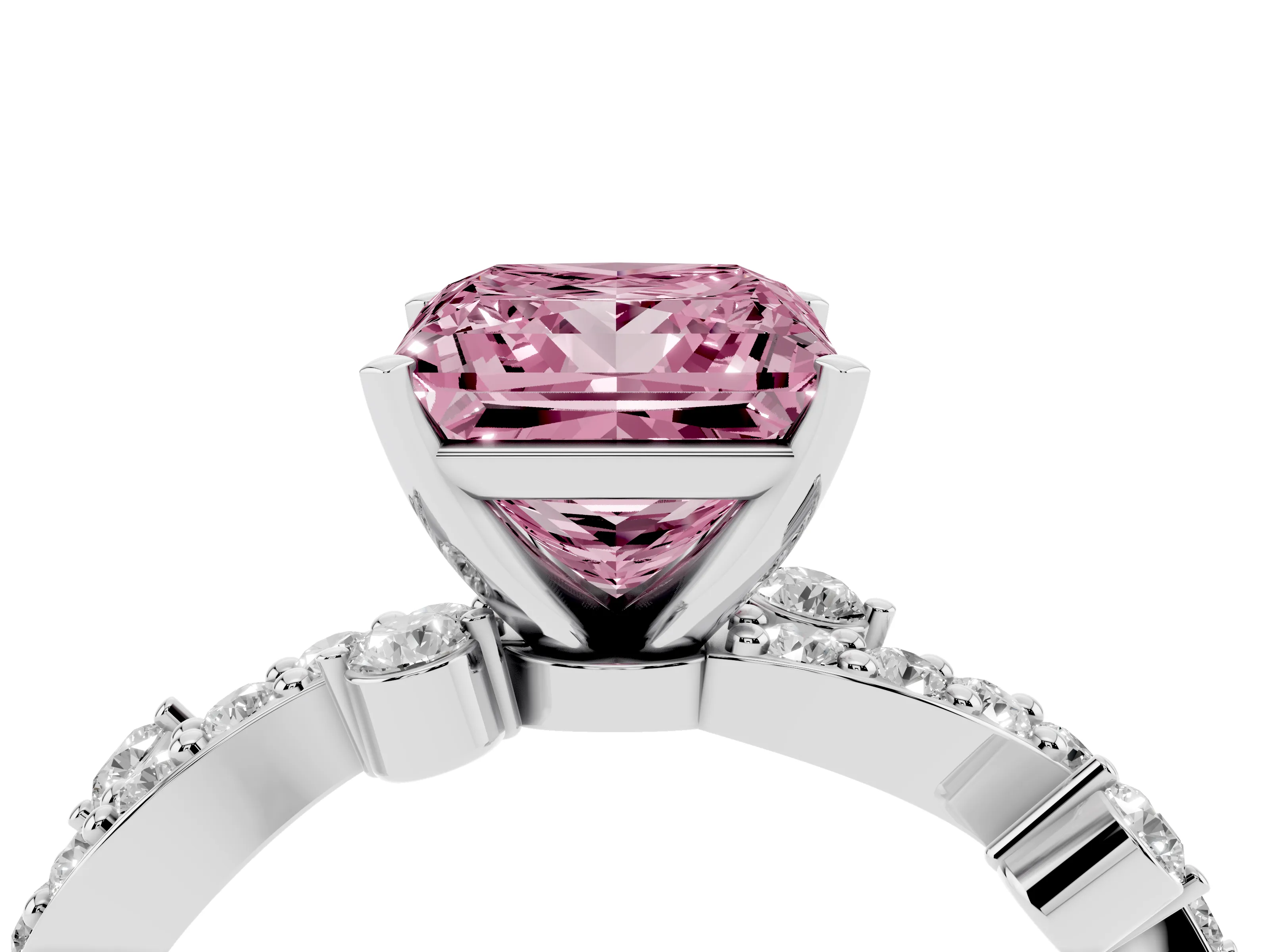 Fancy Pink Princess Cut Diamond Solitaire Twisted Band Set in White gold with Pavé Setting