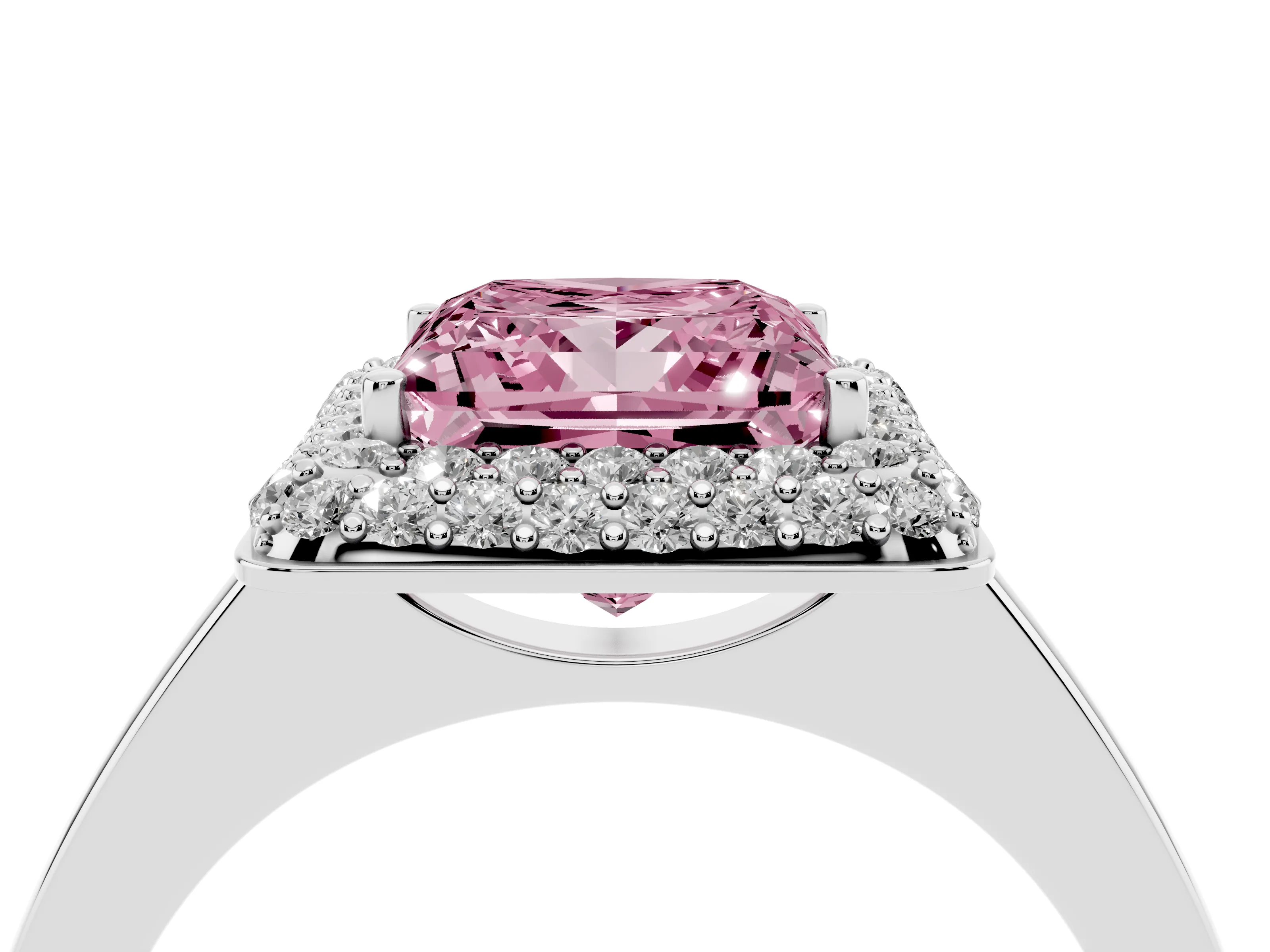 Fancy Pink Princess Cut Diamond Halo Engagement Ring Set in White gold with Solitaire Band and Prong Setting