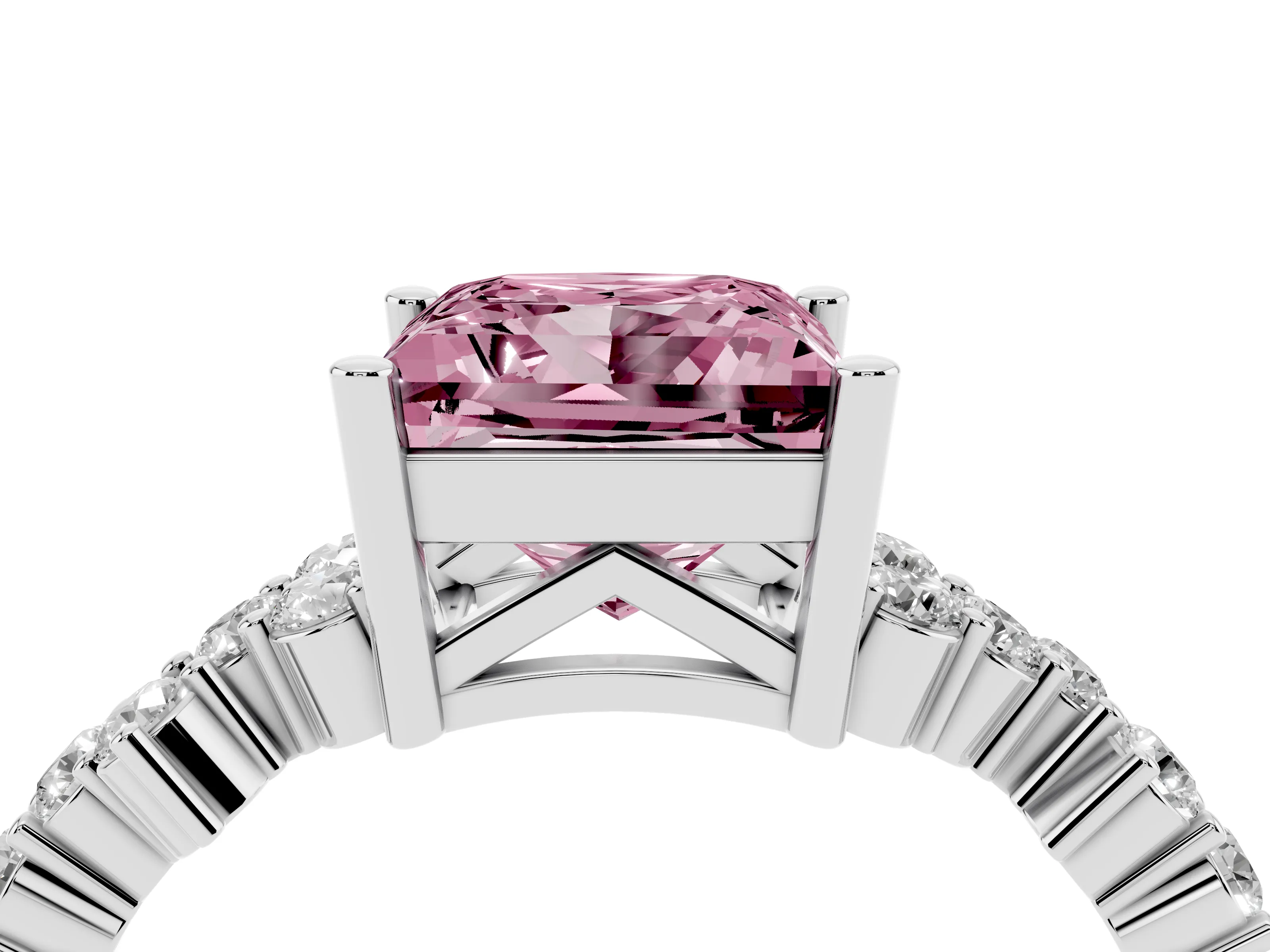 Fancy Pink Princess Cut Diamond Ring Set in White gold with Scattered Round Accents