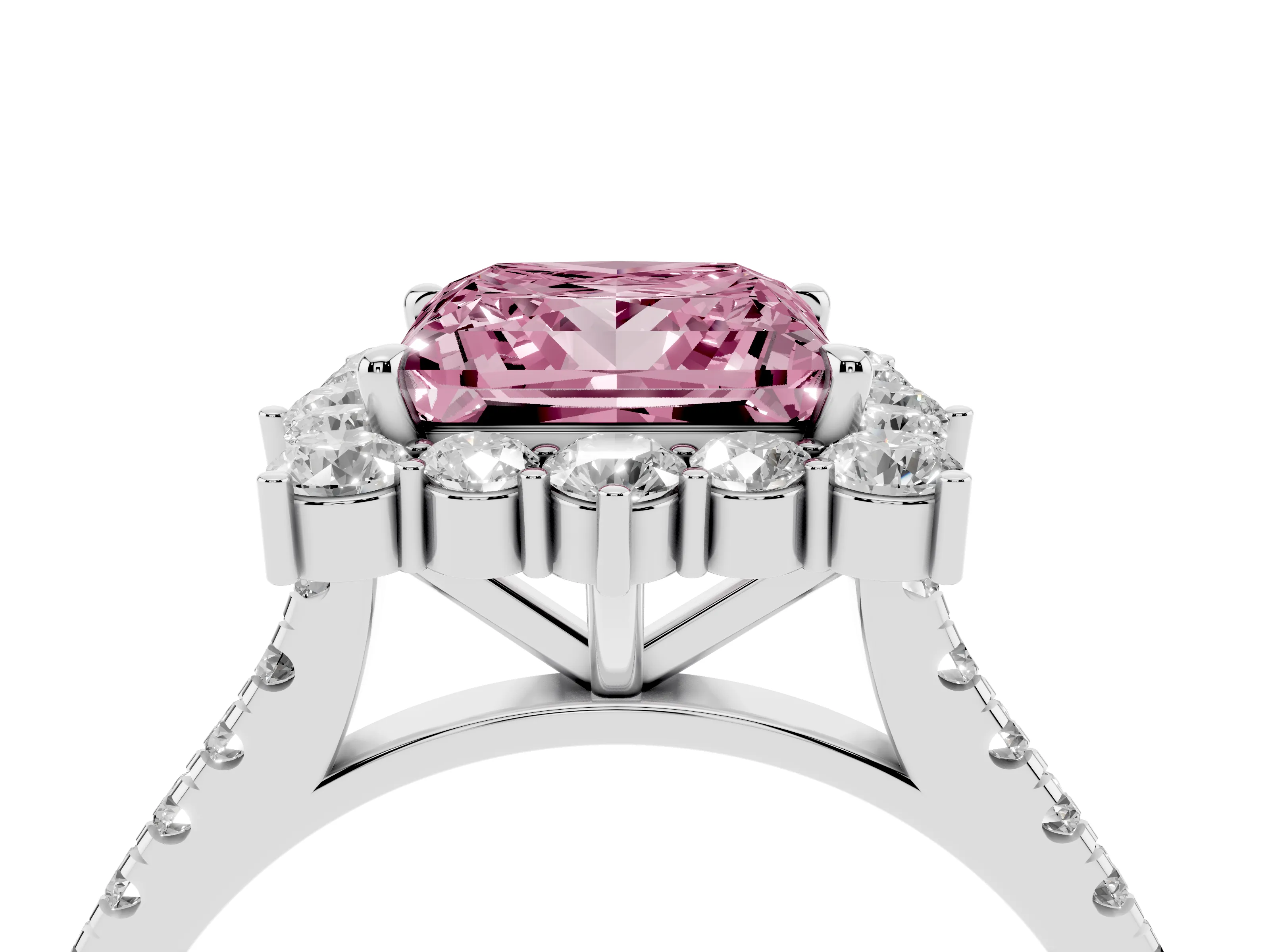 Fancy Pink Princess Cut Diamond Halo Ring Set in Silver with Pavé Band and Prong Setting