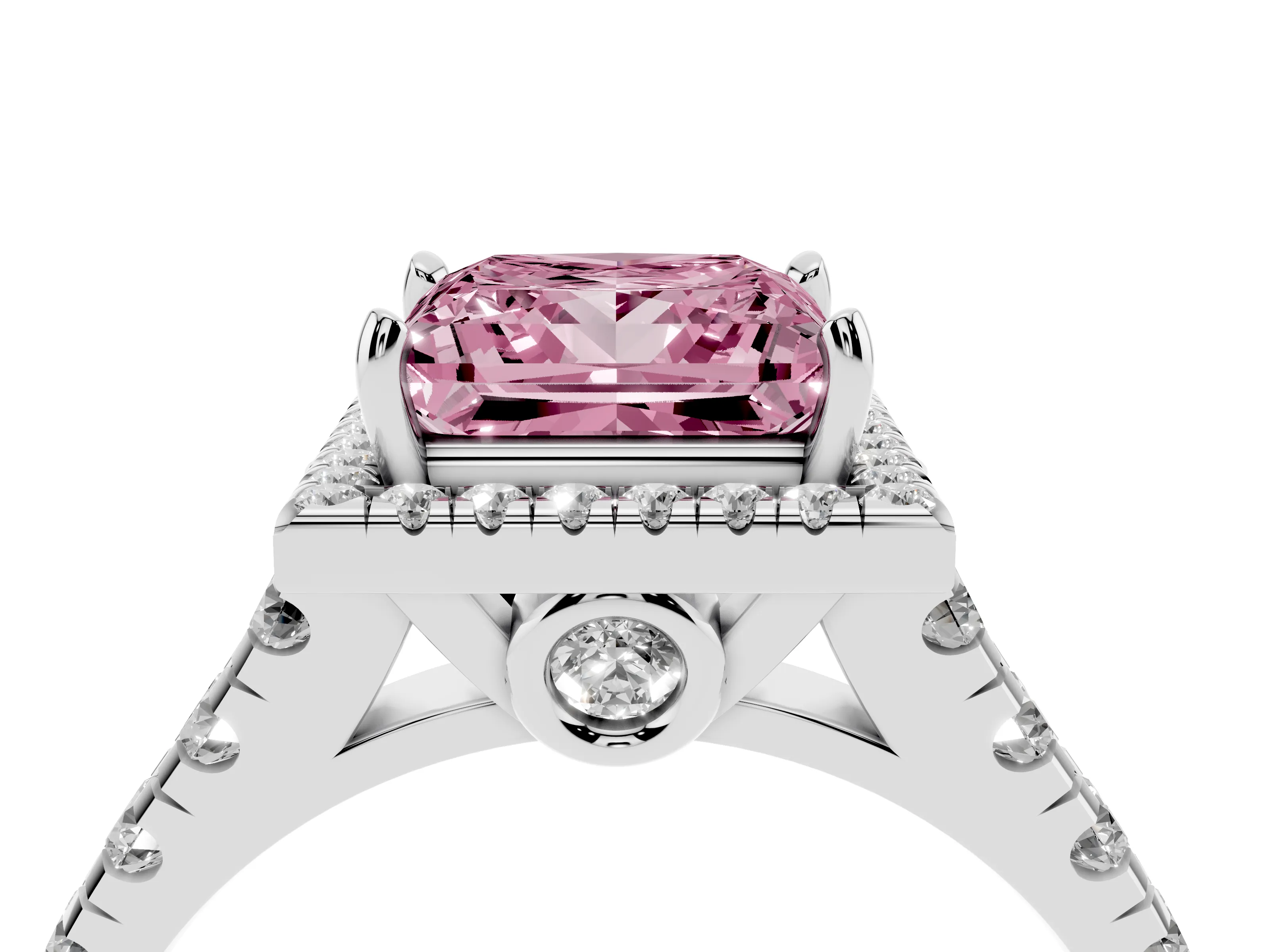 Fancy Pink Princess Cut Diamond Halo Engagement Ring Set in Platinum with Pavé Band and Prong-Set Center