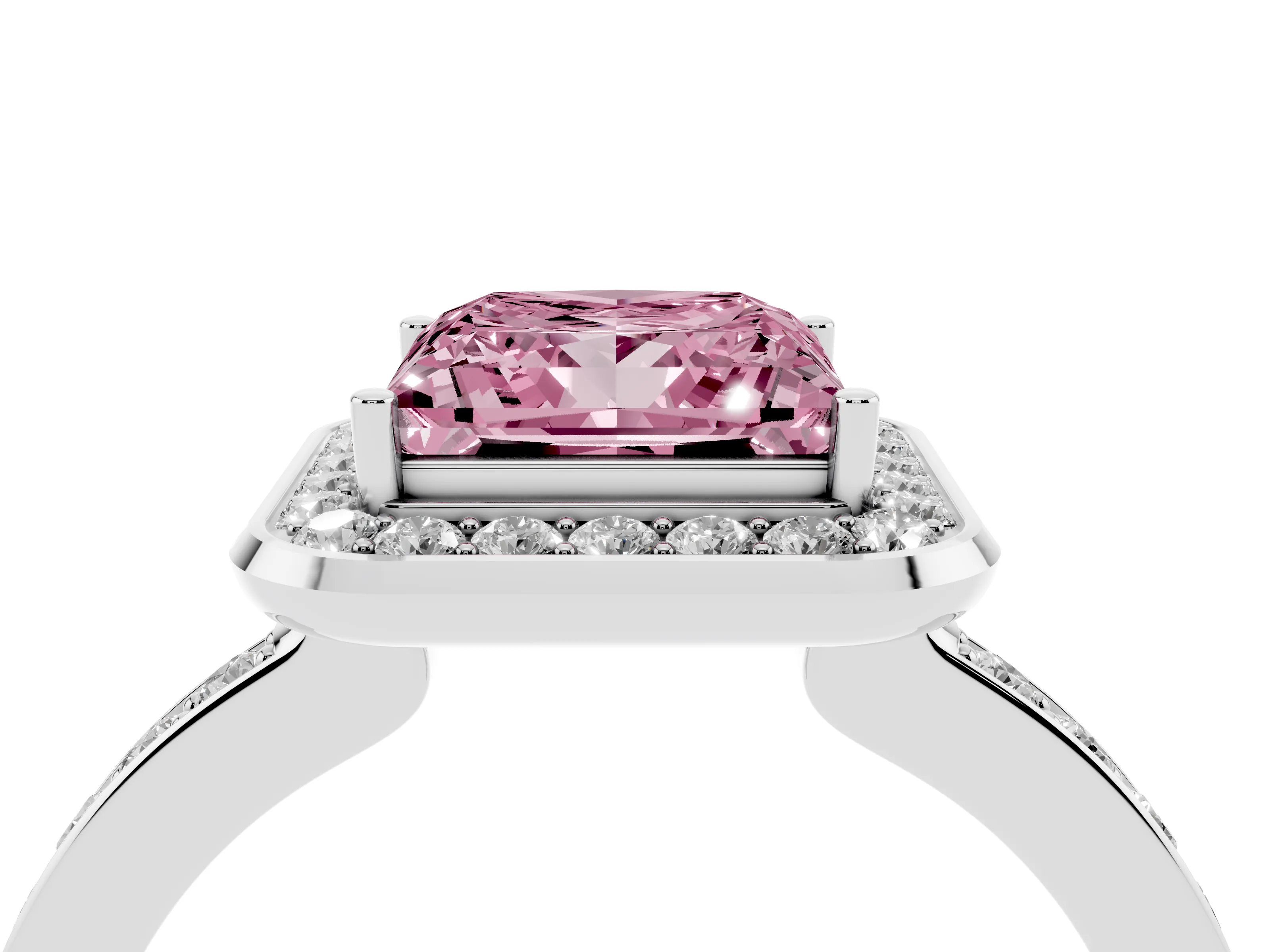 Fancy Pink Princess Cut Diamond Halo Ring Set in Silver with Bezel Frame and Pavé Band