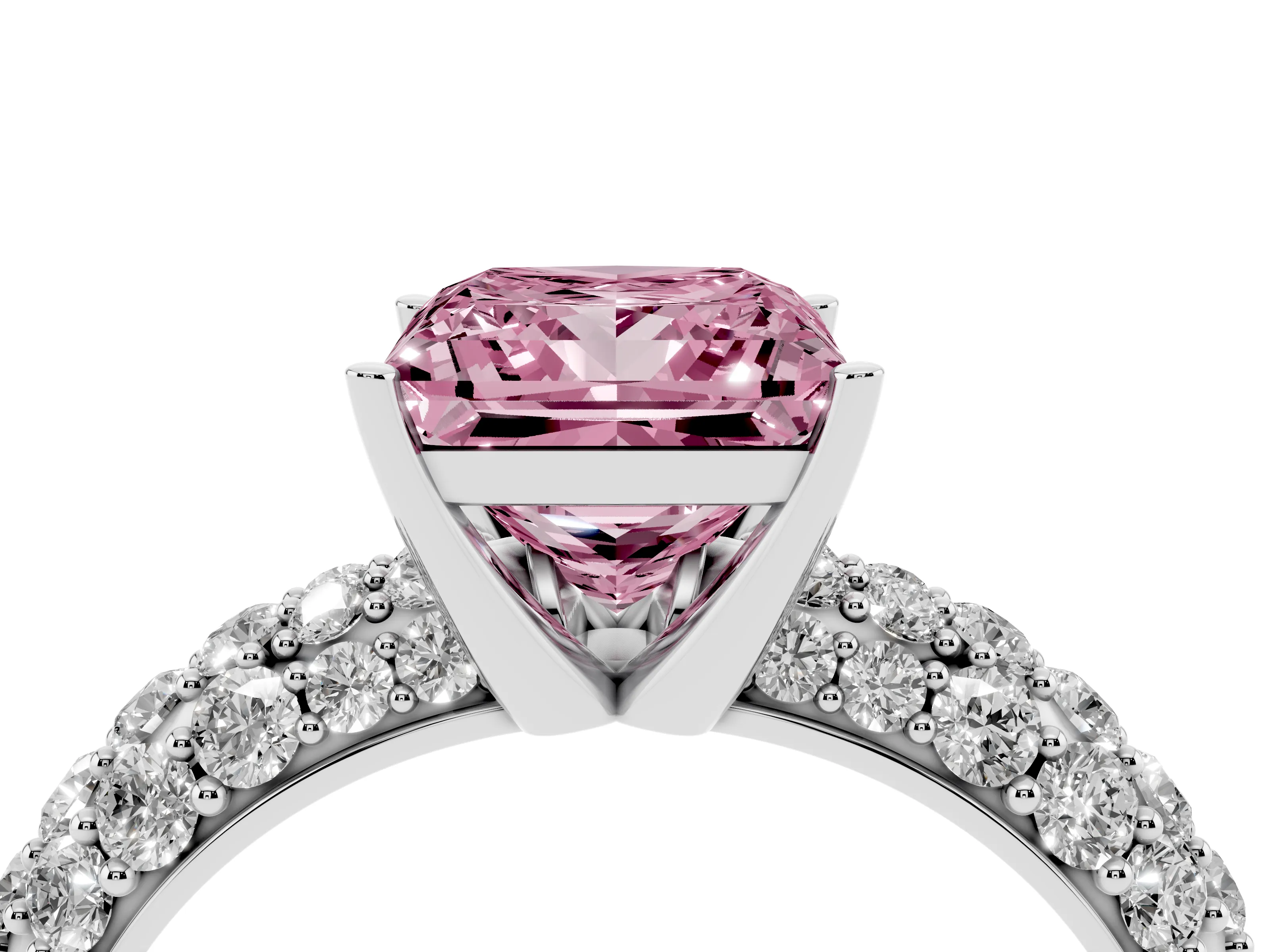 Fancy Pink Princess Cut Diamond Pavé Band Solitaire Ring Set in White gold with Close-Set Accent Stones and Prong Setting