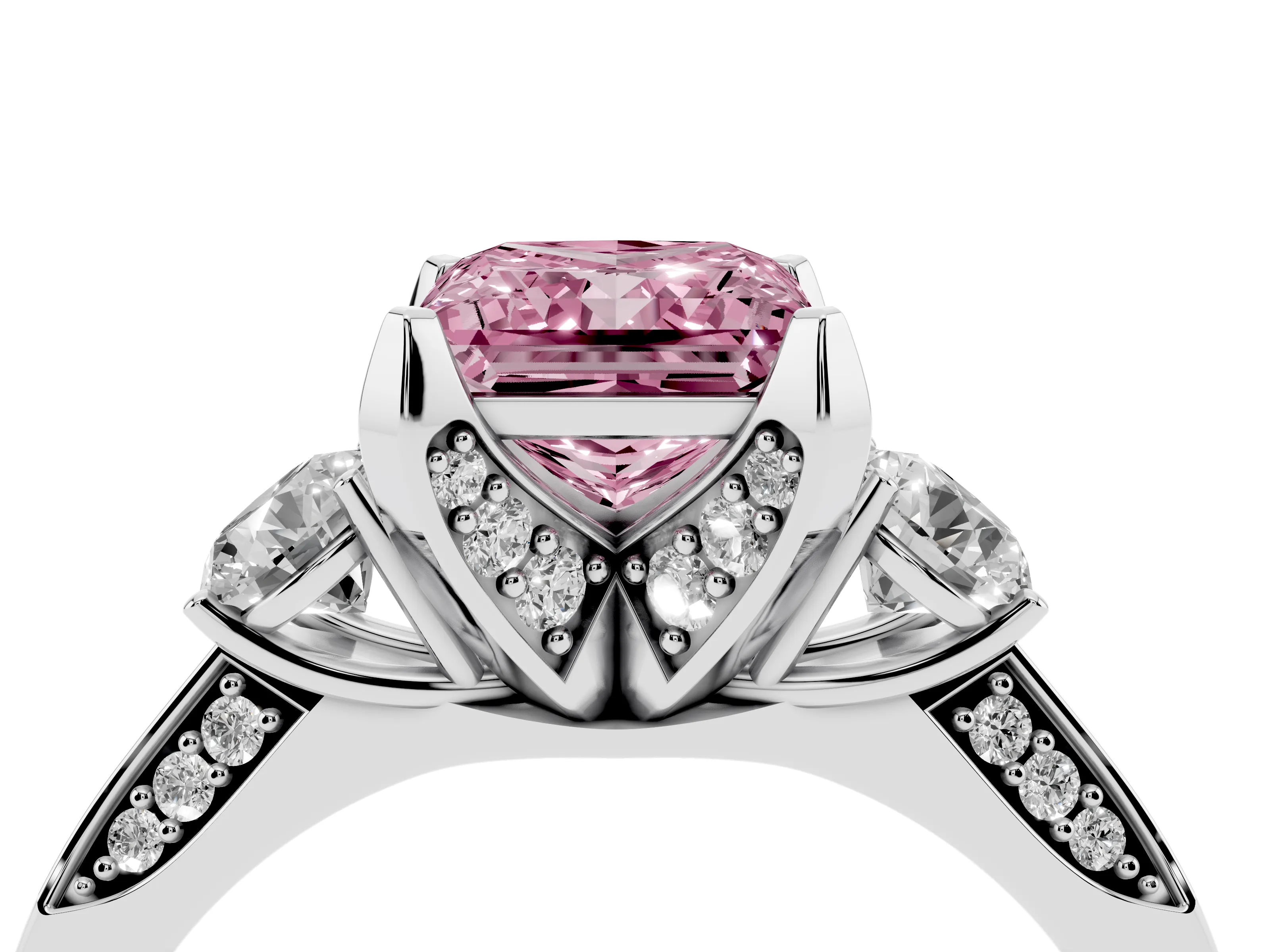 Fancy Pink Princess Cut Diamond Three-Stone Ring Set in White gold with Pavé Band and Smaller Side Stones
