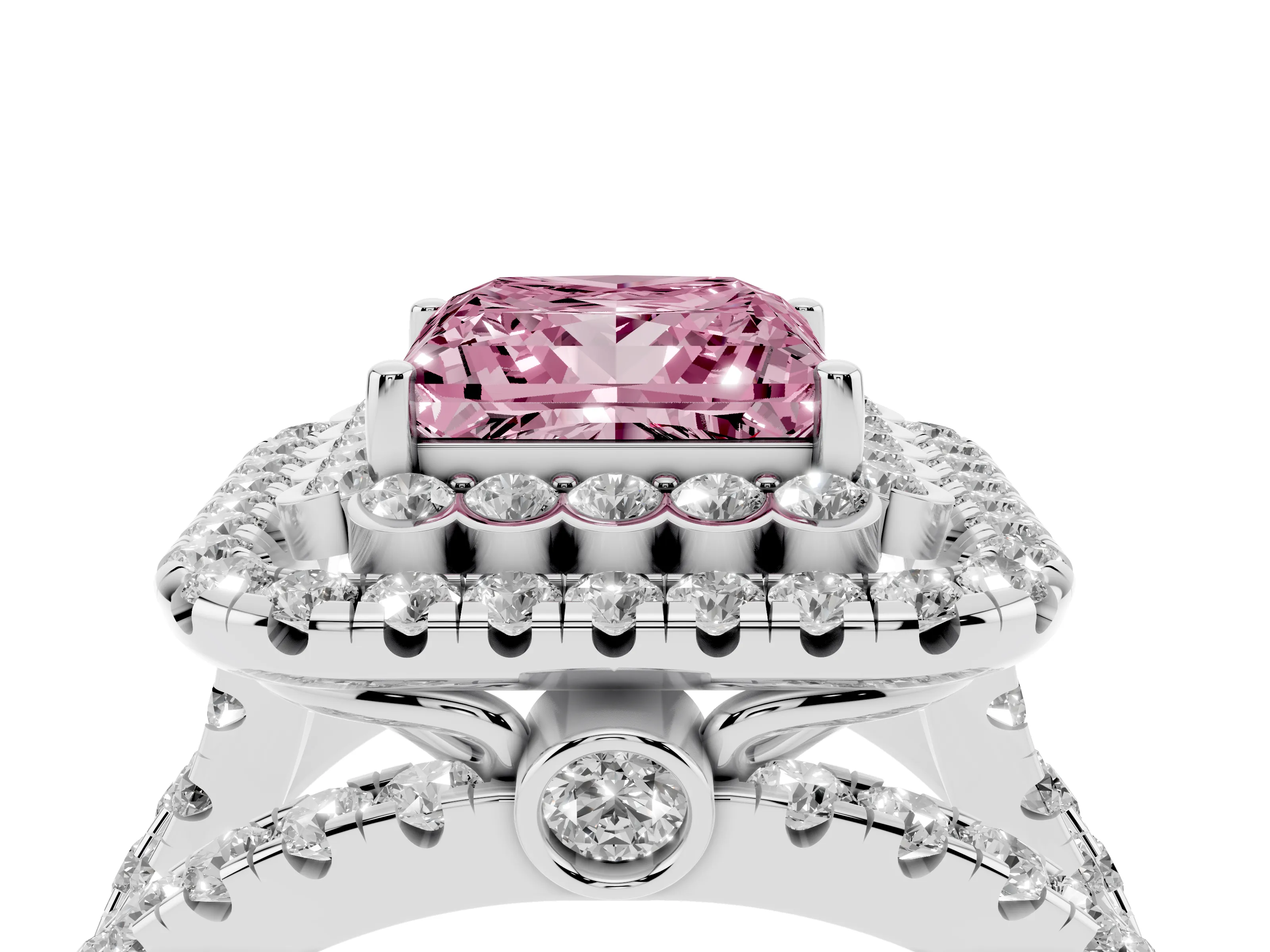 Fancy Pink Princess Cut Diamond Double Halo Ring Set in White gold with Round Pavé Split Shank