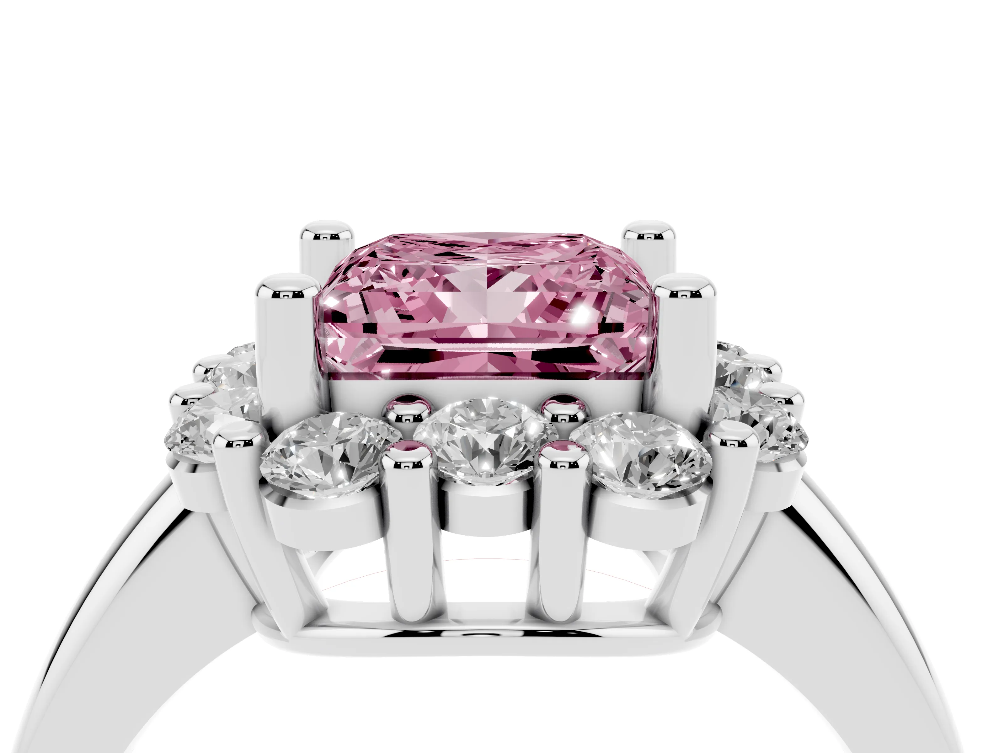Fancy Pink Princess Cut Diamond Halo Cluster Engagement Ring Set in White gold with Polished Band and Prong Setting