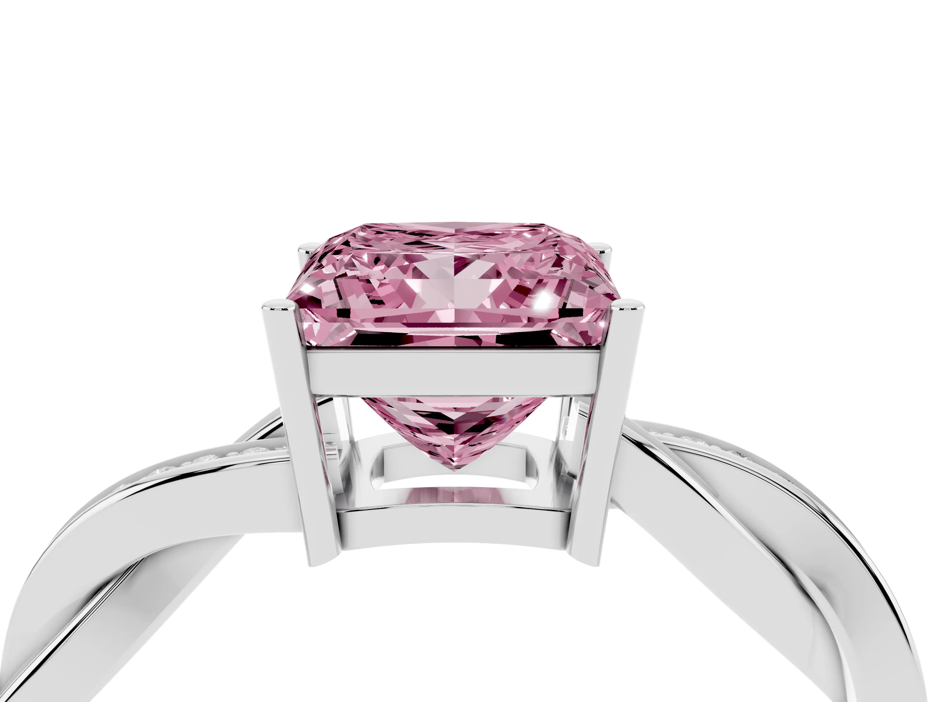 Fancy Pink Princess Cut Diamond Solitaire Twisted Pavé Ring Set in White gold with Prong Setting