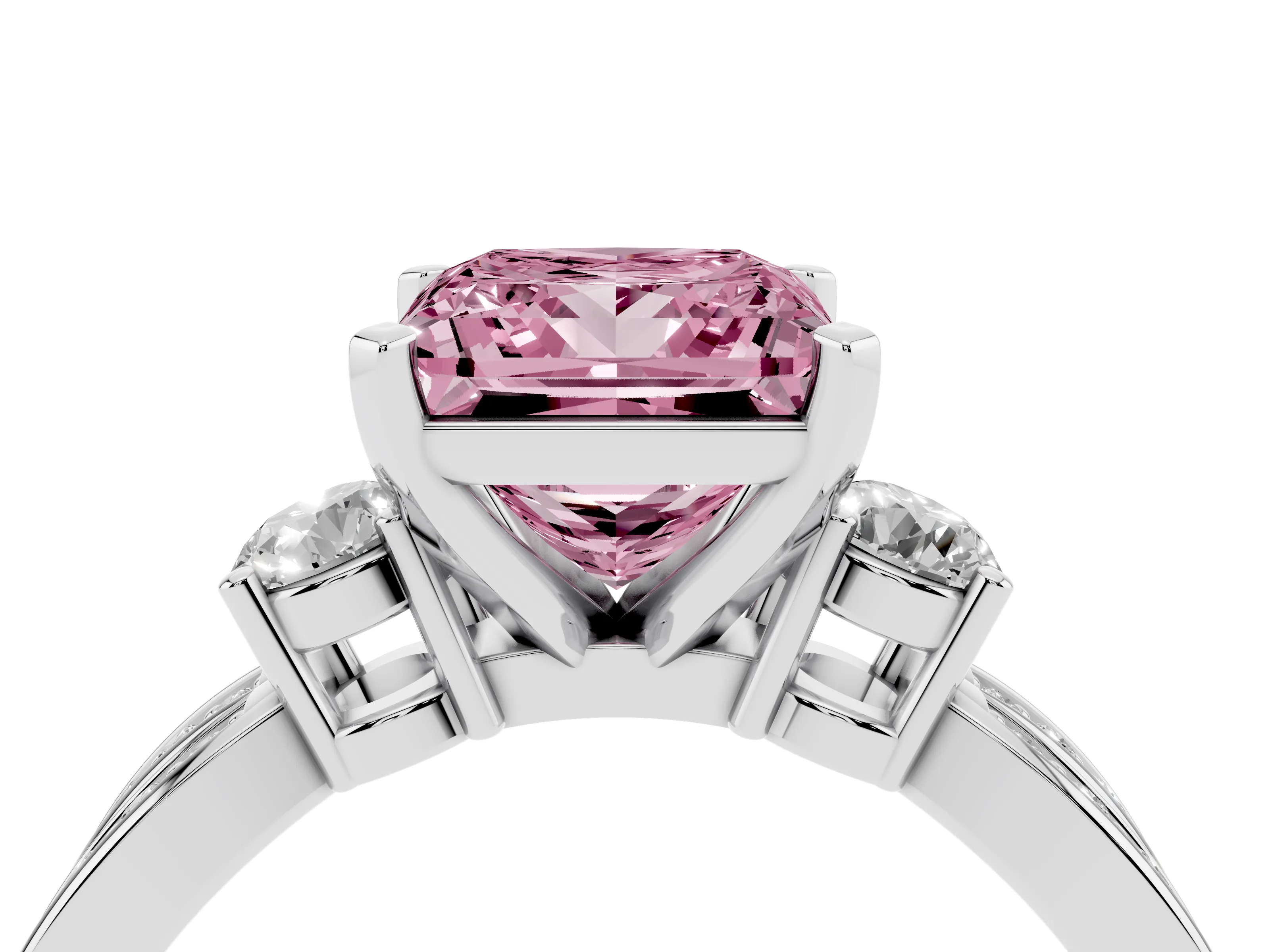 Fancy Pink Three-Stone Princess Cut Diamond Twist Band Ring Set in Platinum with Pavé Accents and Prong Setting