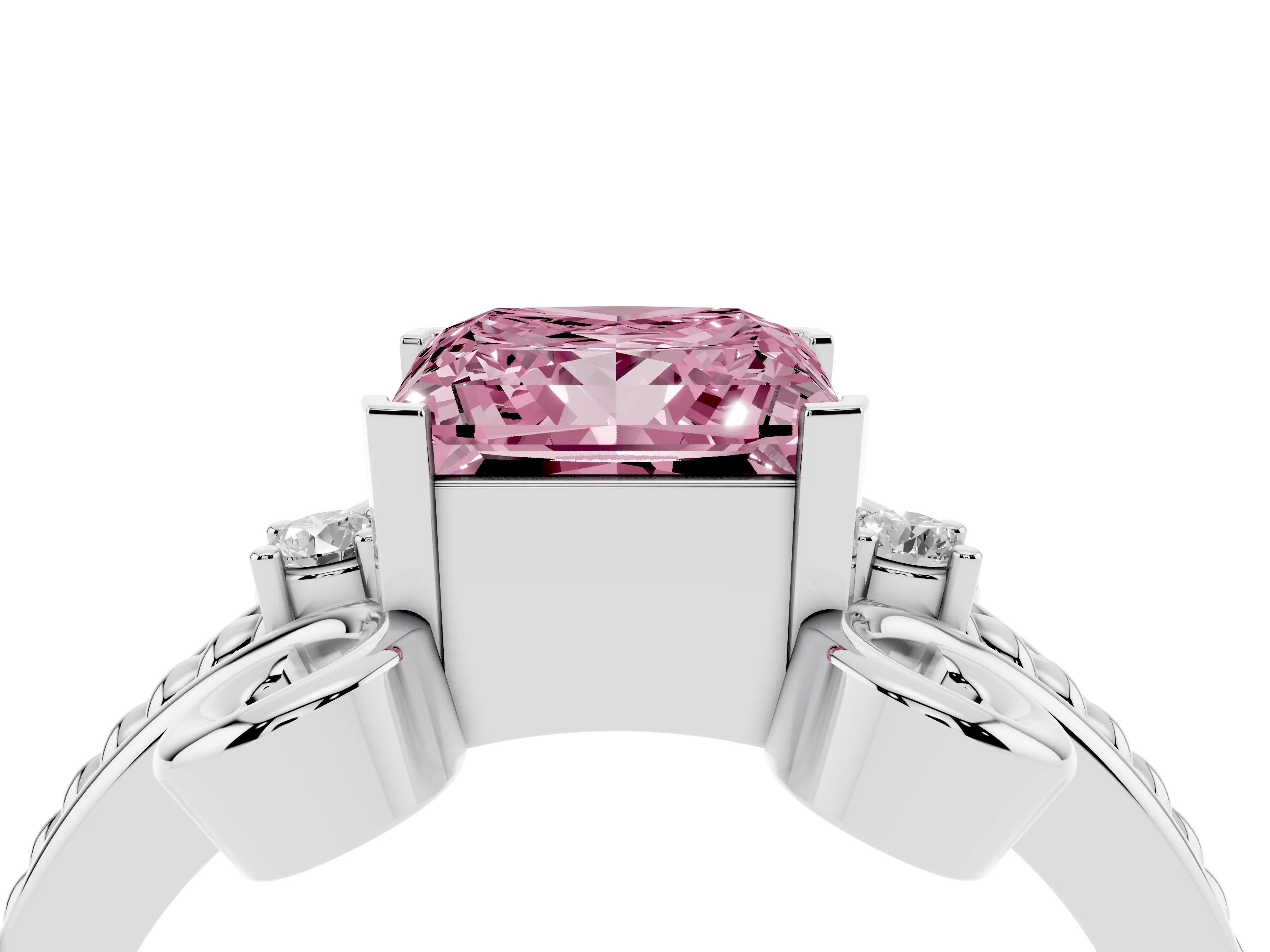 Fancy Pink Princess Cut Diamond Twisted Band Solitaire Ring Set in Platinum with Scroll Prongs