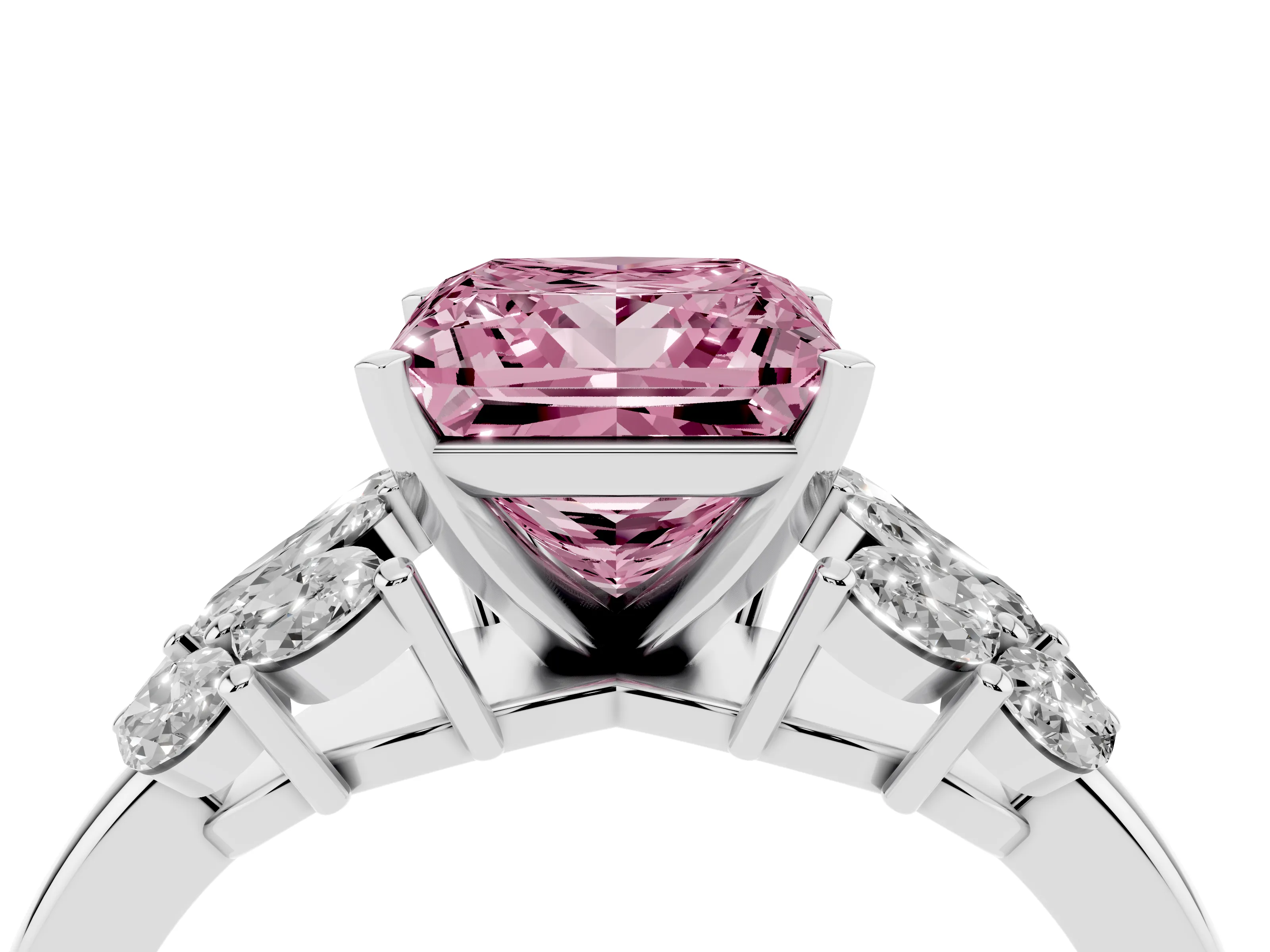 Fancy Pink Princess Cut Diamond Cluster Leaf Design Ring Set in White gold with Prong Setting