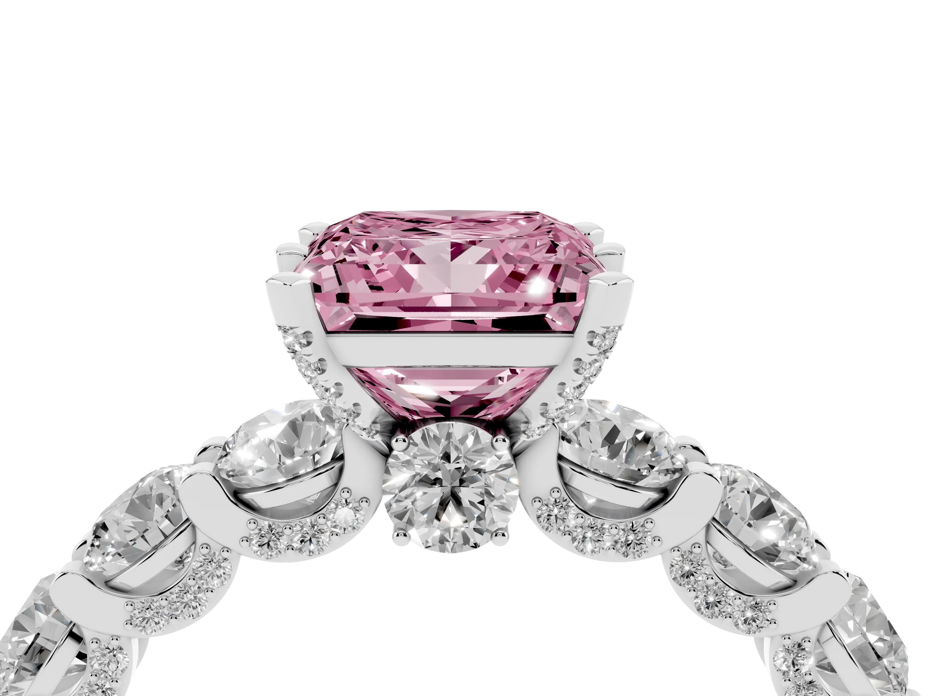 Fancy Pink Princess Cut Diamond Side Stone Ring Set in Silver with Alternating Round and Oval Side Stones