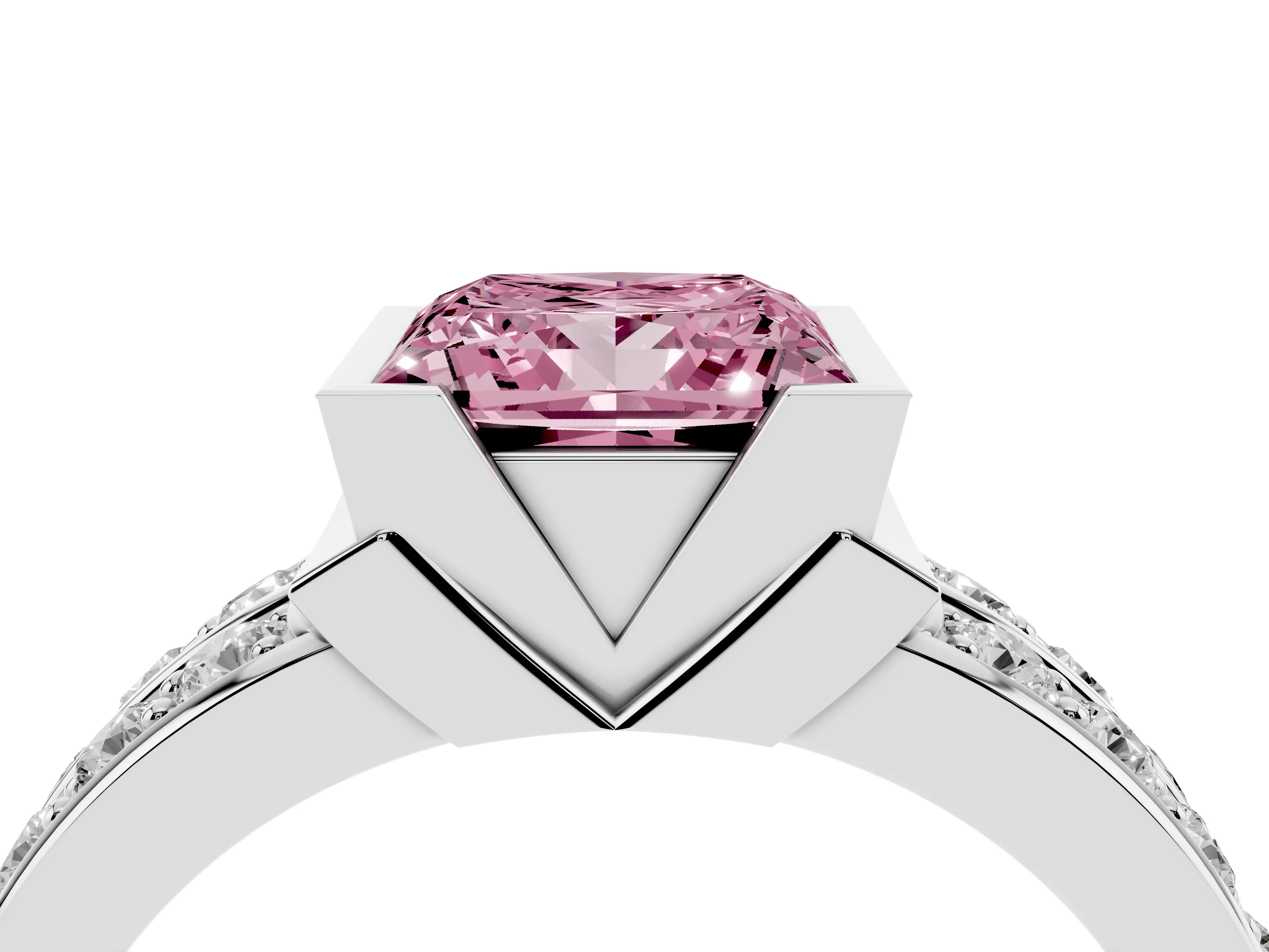 Fancy Pink Princess Cut Diamond Wide Channel Set Band Ring Set in Platinum with Bezel Setting