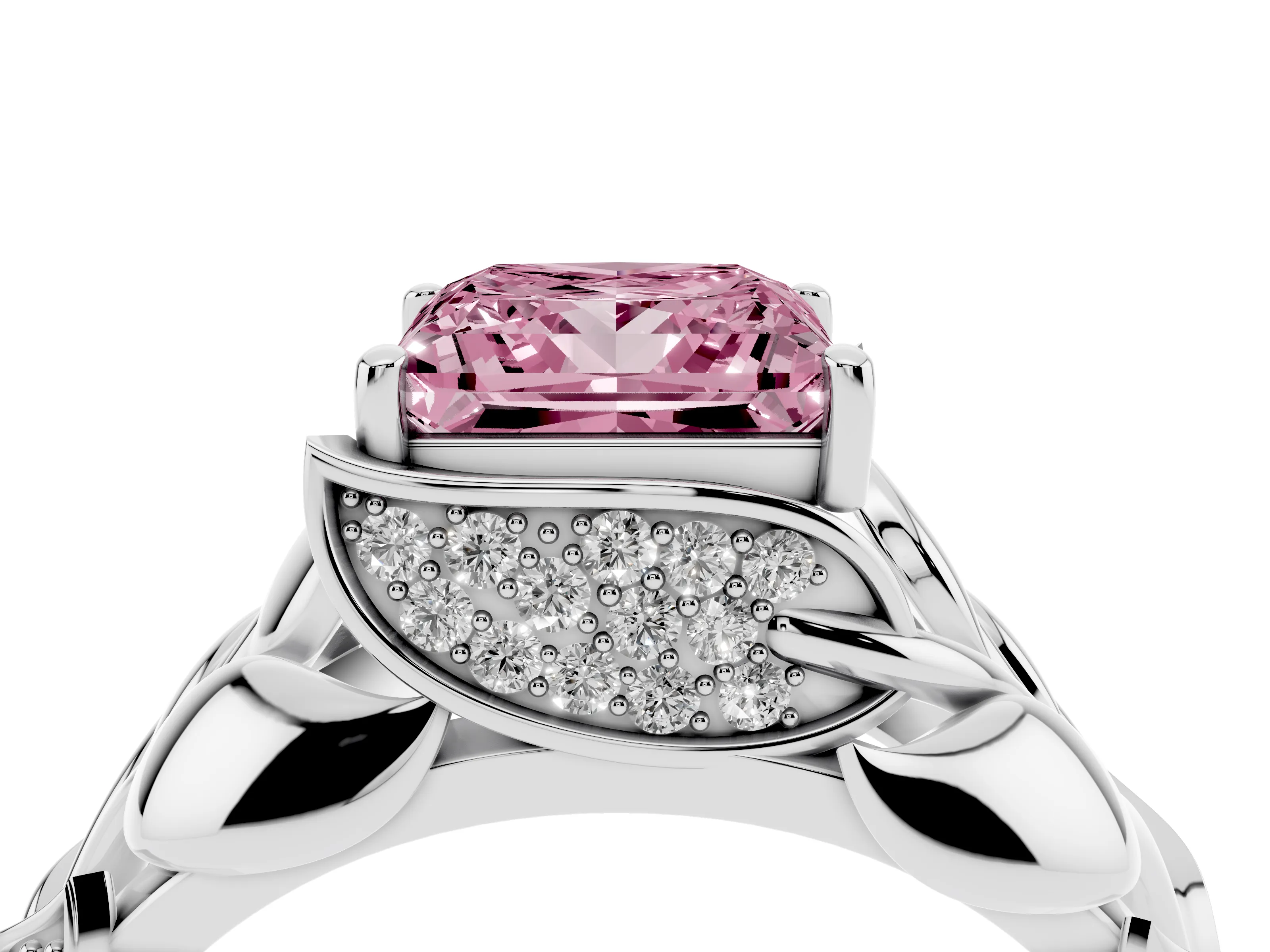 Fancy Pink Princess Cut Diamond Leaf-Inspired Engagement Ring Set in White gold with Round Accents