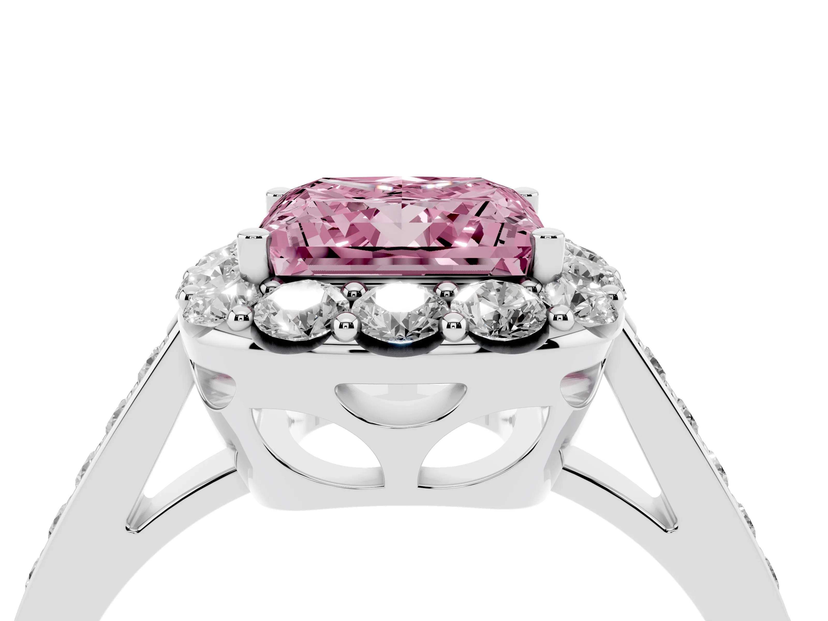 Fancy Pink Princess Cut Diamond Floral Halo Ring Set in White gold with Pavé Band and Prong Setting