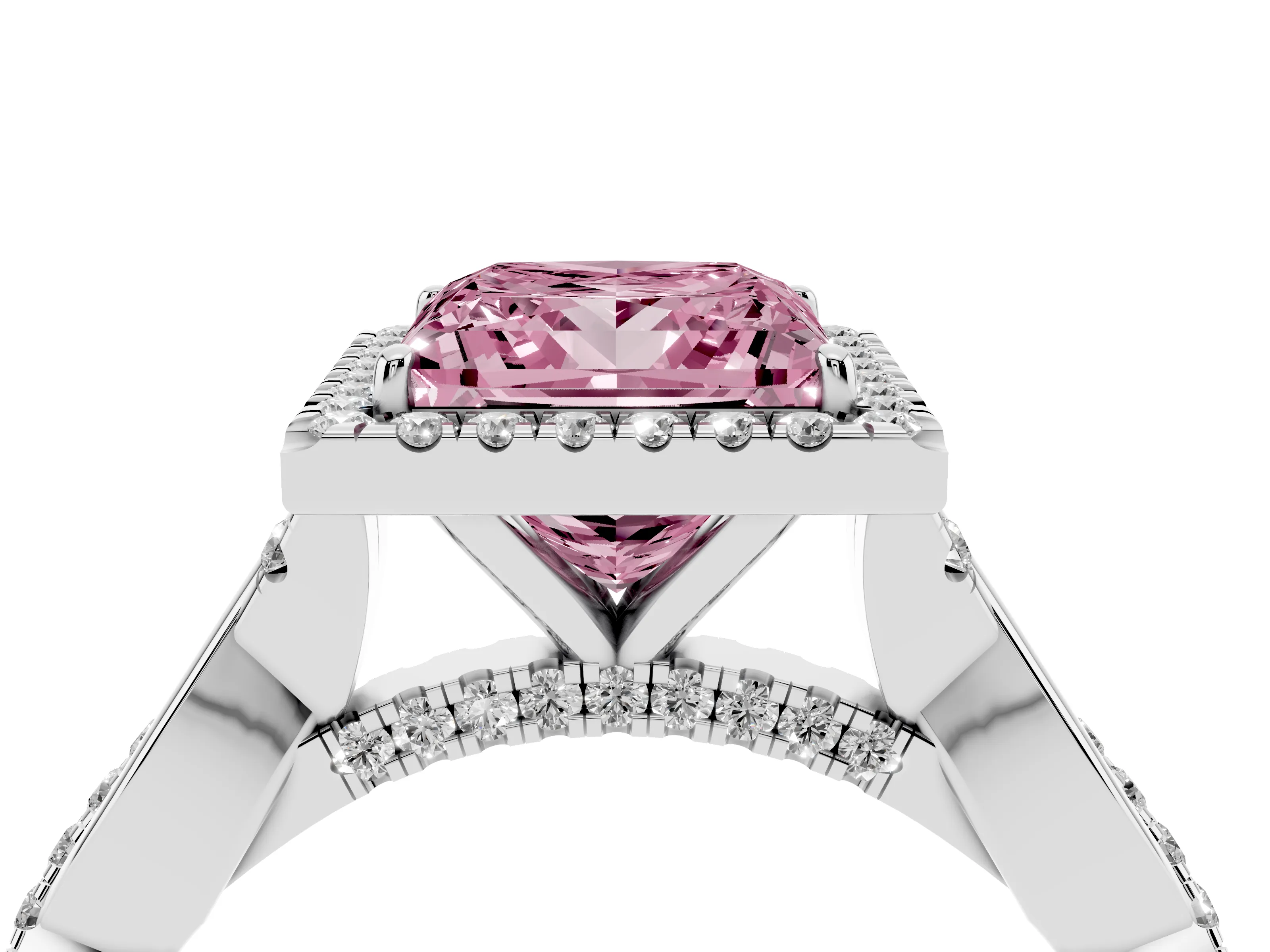 Fancy Pink Princess Cut Diamond Halo Twist Band Solitaire Ring Set in Platinum with Prong Setting