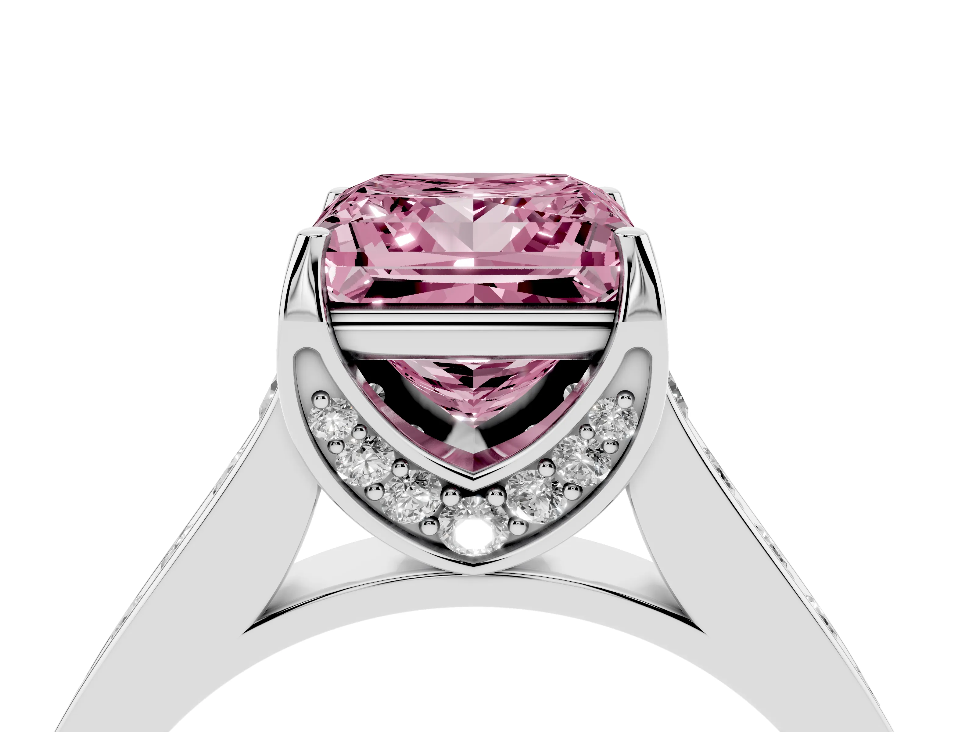 Fancy Pink Princess Cut Diamond Solitaire Pavé Engagement Ring Set in Platinum with Prong Setting