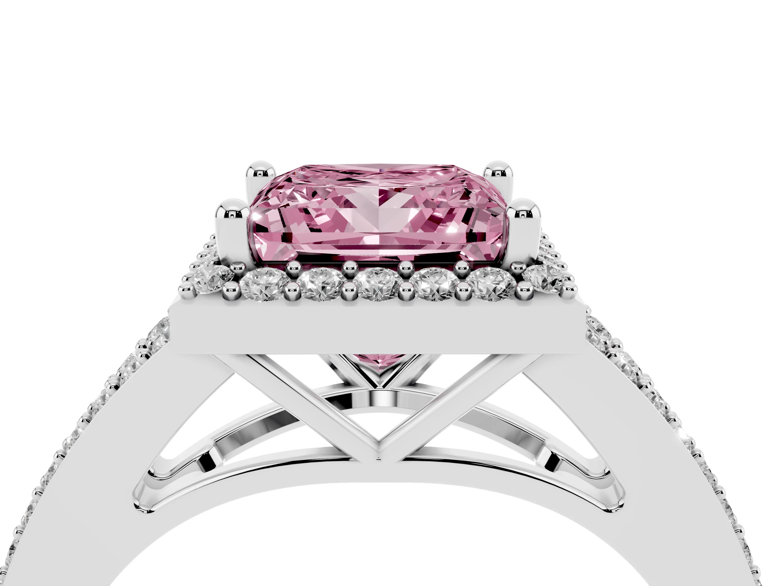 Fancy Pink Princess Cut Diamond Halo Split Shank Pavé Ring Set in Silver with Prong Setting
