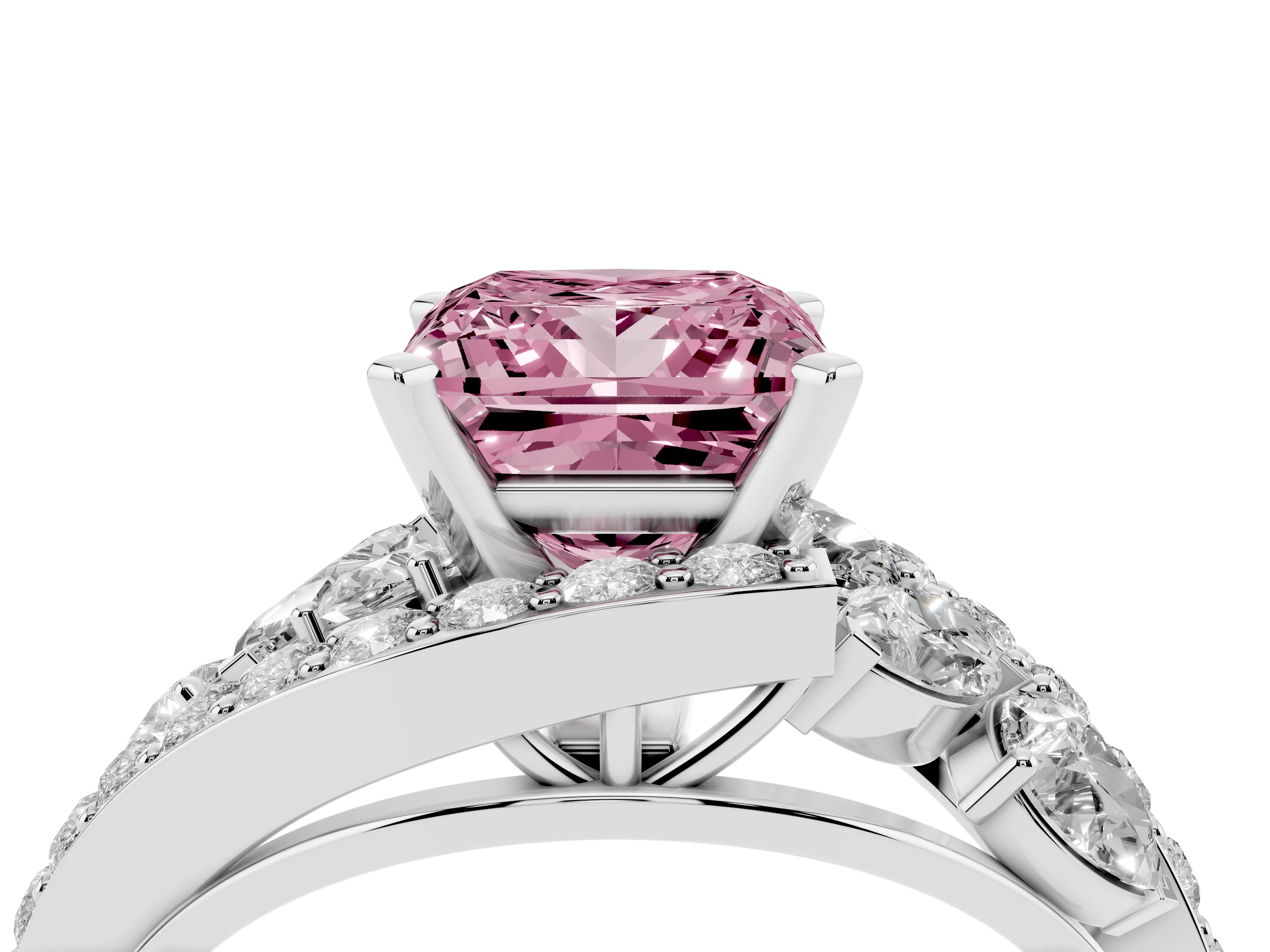 Fancy Pink Princess Cut Diamond Halo Ring Set in White gold with Marquise and Pavé Band in Prong Setting